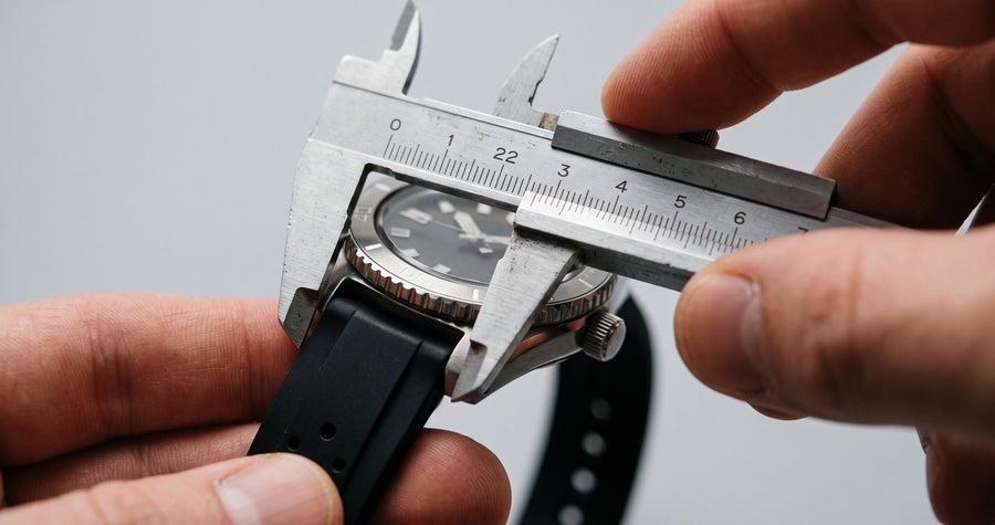 Caliper measuring a 22mm lug width on a dive watch with a black rubber strap