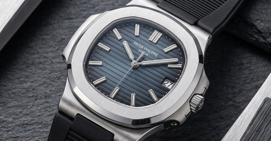 Patek Philippe Nautilus with blue dial on a black rubber strap