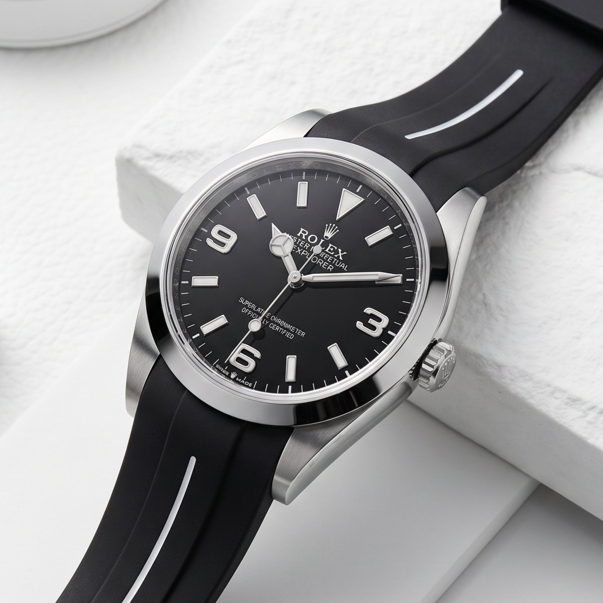Rubber Strap - For Rolex Explorer I - Black w/White Line | LuxLine®