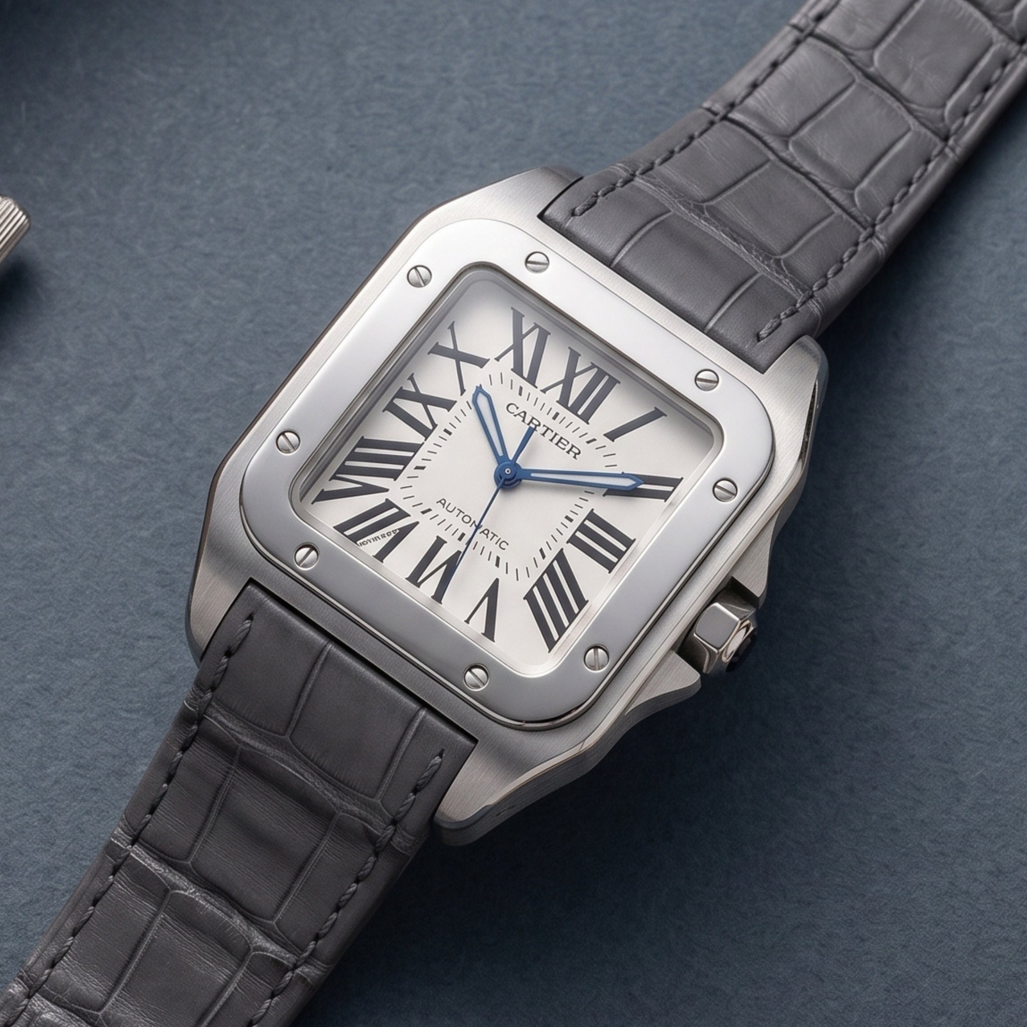 Leather Strap - For Cartier Santos 100 - Grey