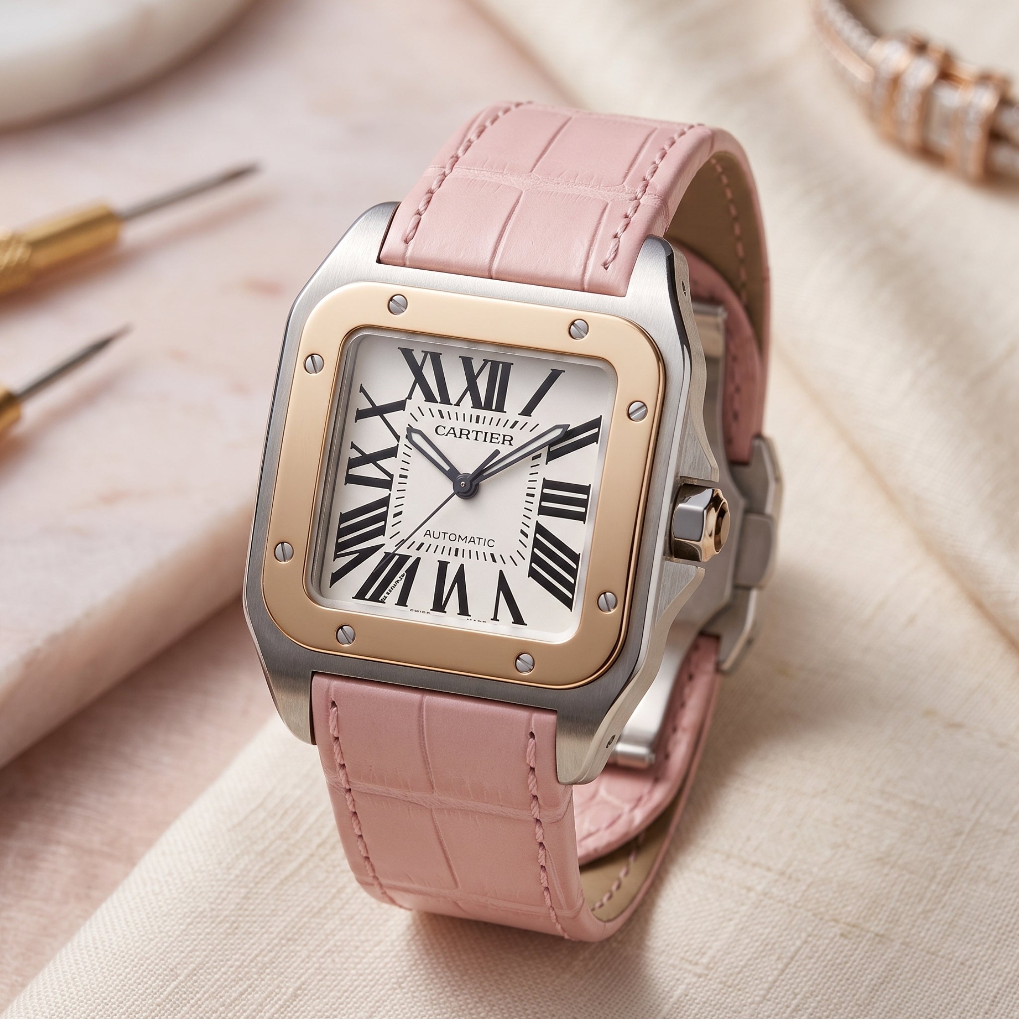 Leather Strap - For Cartier Santos 100 - Pink
