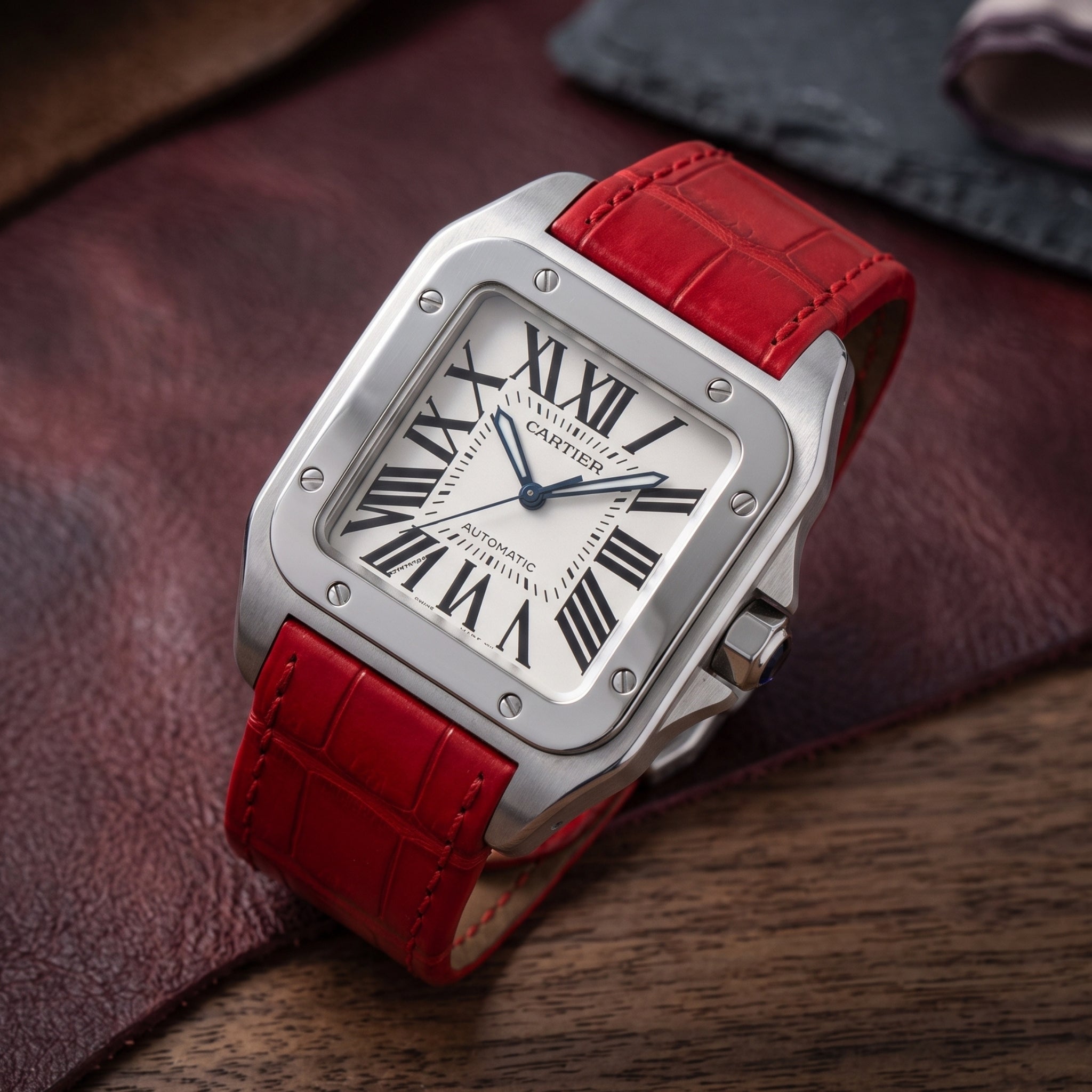 Leather Strap - For Cartier Santos 100 - Red