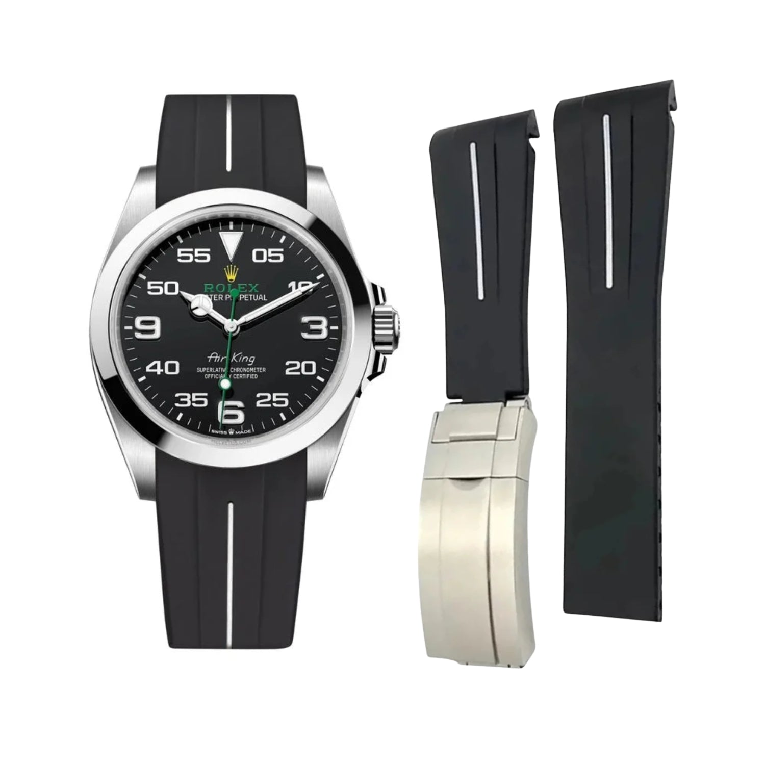 Deployant Rubber Strap - For Rolex Air - King 126900/116900 - Black/White | LuxLine® - Helvetus