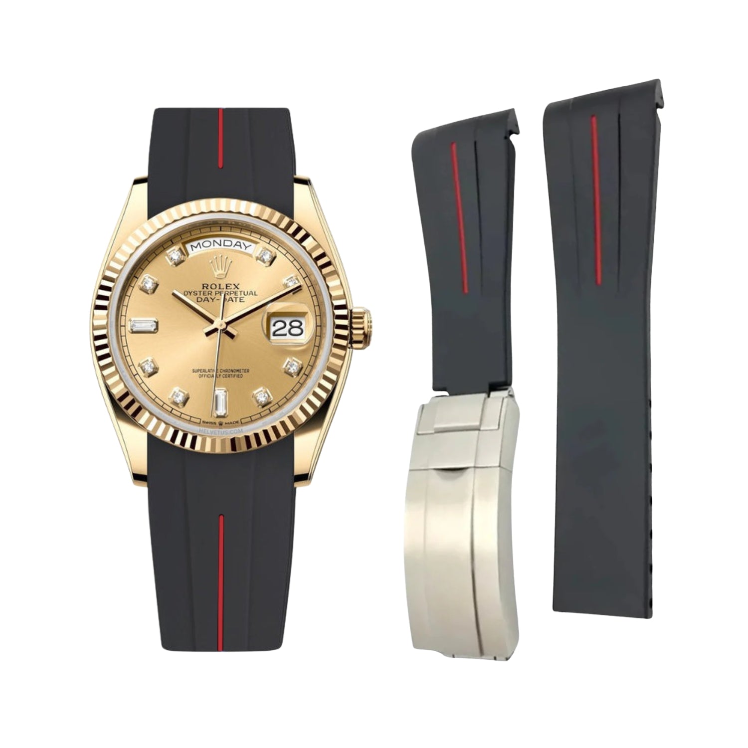 Deployant Rubber Strap - For Rolex Day - Date 36mm - Black w/Red Line | LuxLine® - Helvetus