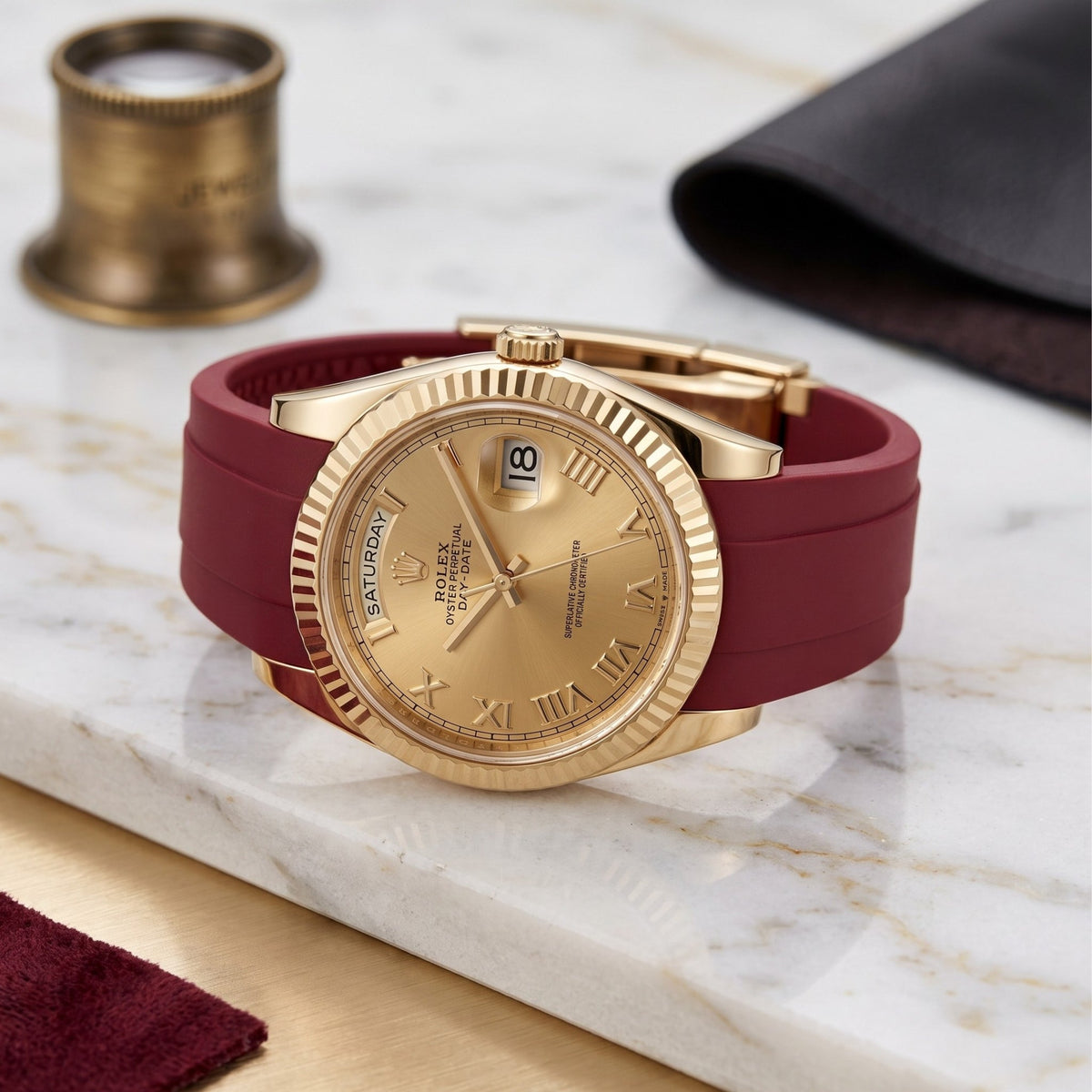 Deployant Rubber Strap - For Rolex Day-Date II 41mm - Bordeaux - Helvetus