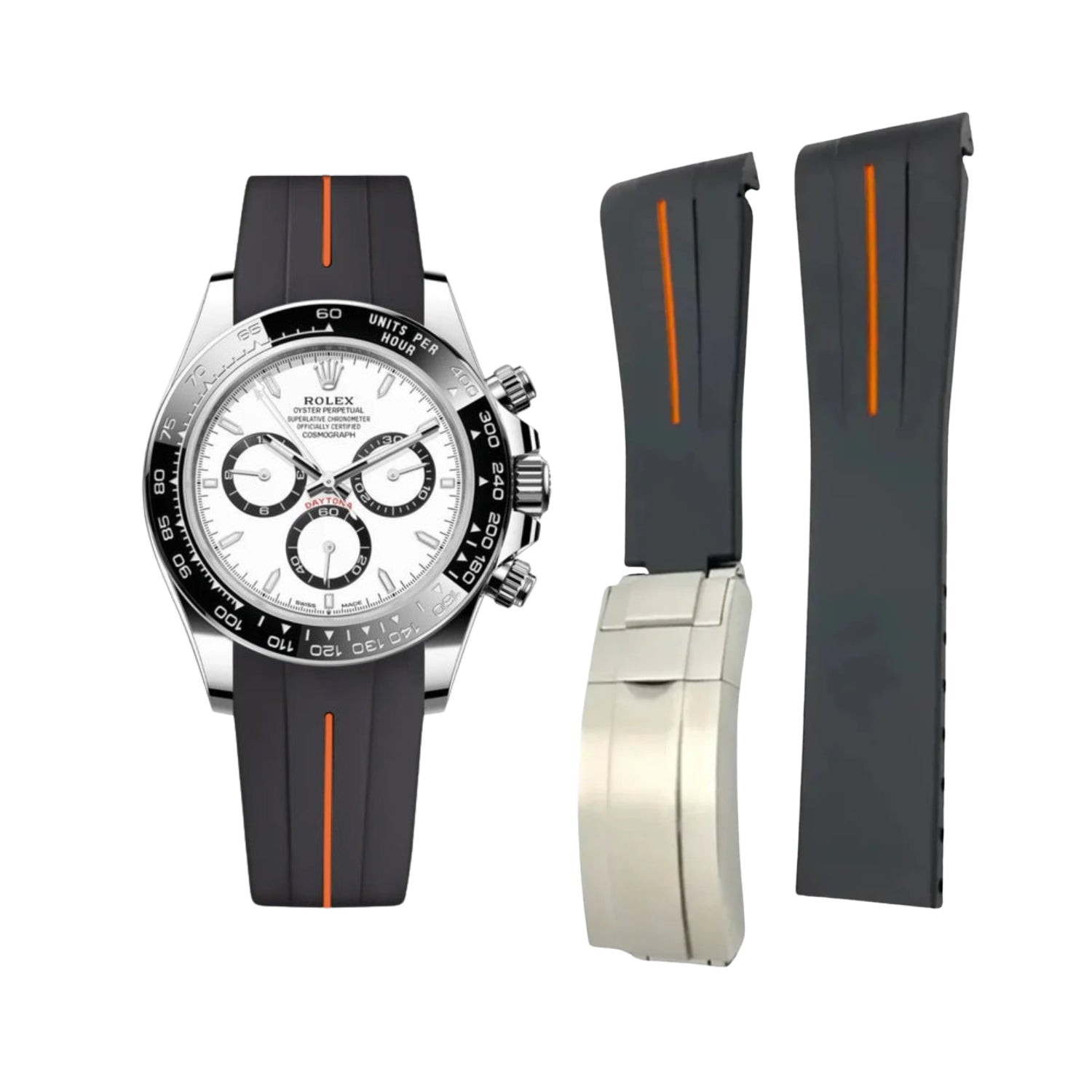 Deployant Rubber Strap - For Rolex Daytona - Black w/Orange Line | LuxLine® - Helvetus