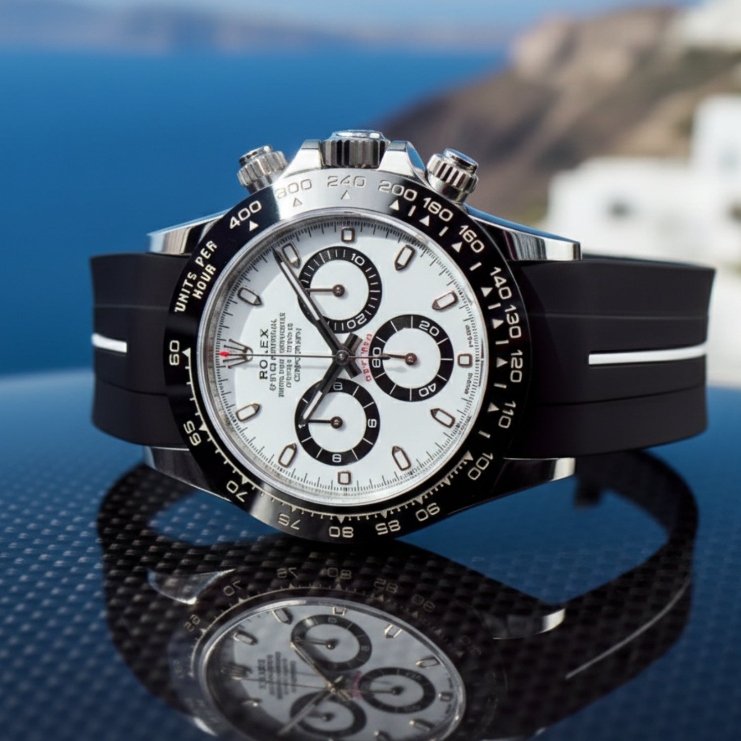 Deployant Rubber Strap - For Rolex Daytona - Black w/White Line | LuxLine® - Helvetus