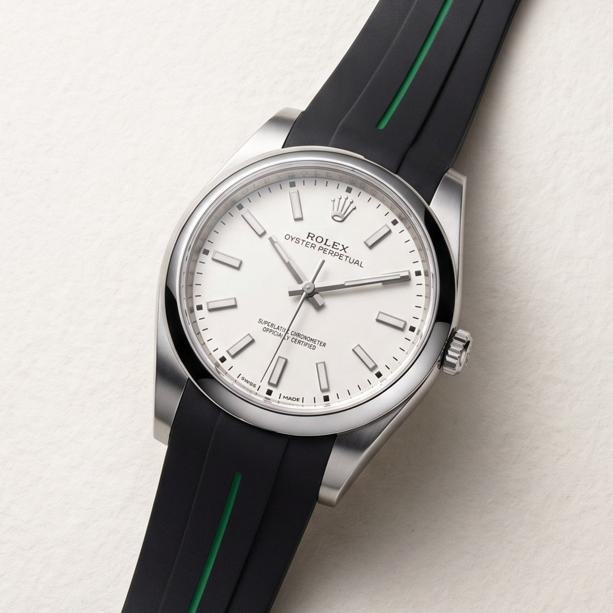 Deployant Rubber Strap - For Rolex Oyster Perpetual 39mm - Black w/Green Line | LuxLine® - Helvetus