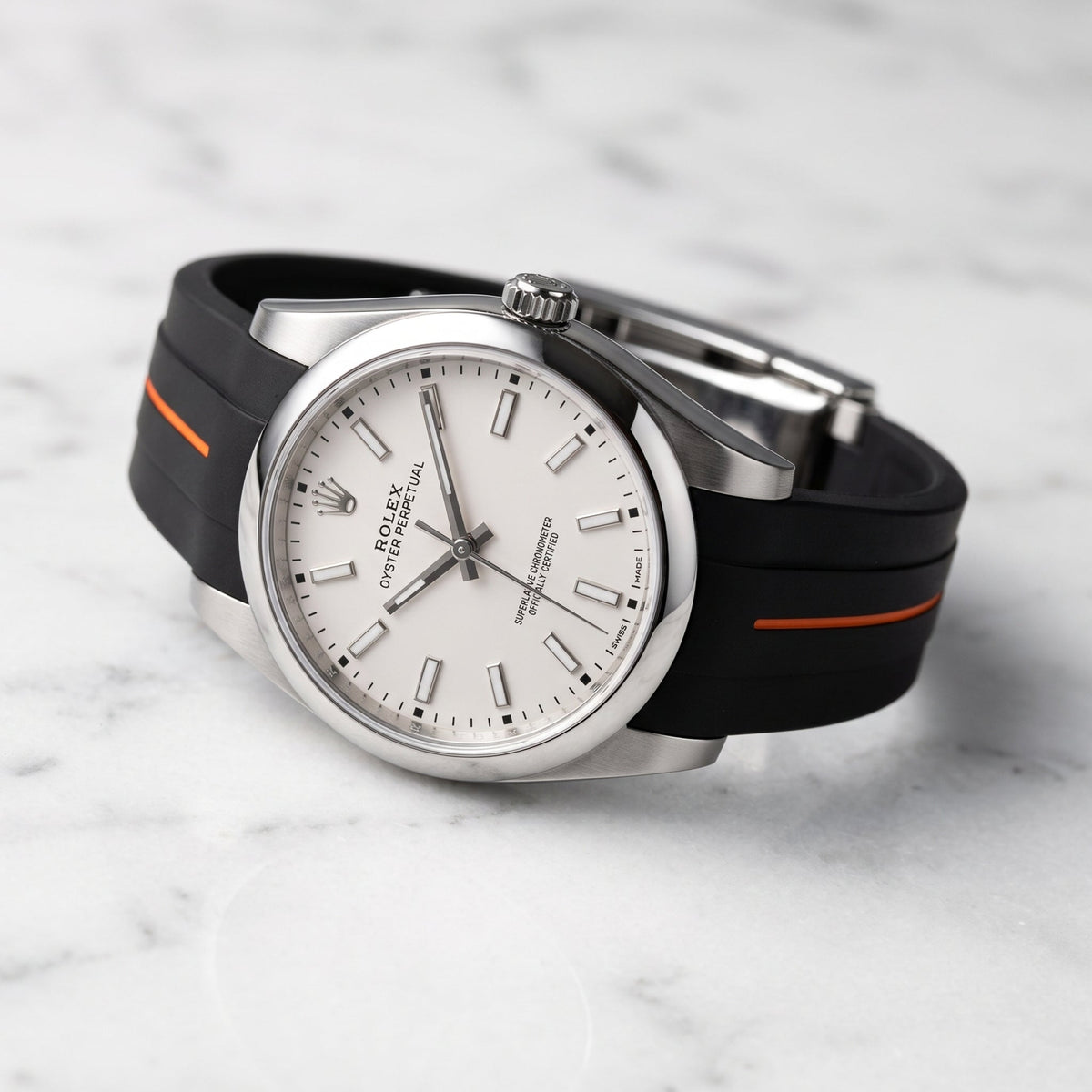 Deployant Rubber Strap - For Rolex Oyster Perpetual 39mm - Black w/Orange Line | LuxLine® - Helvetus