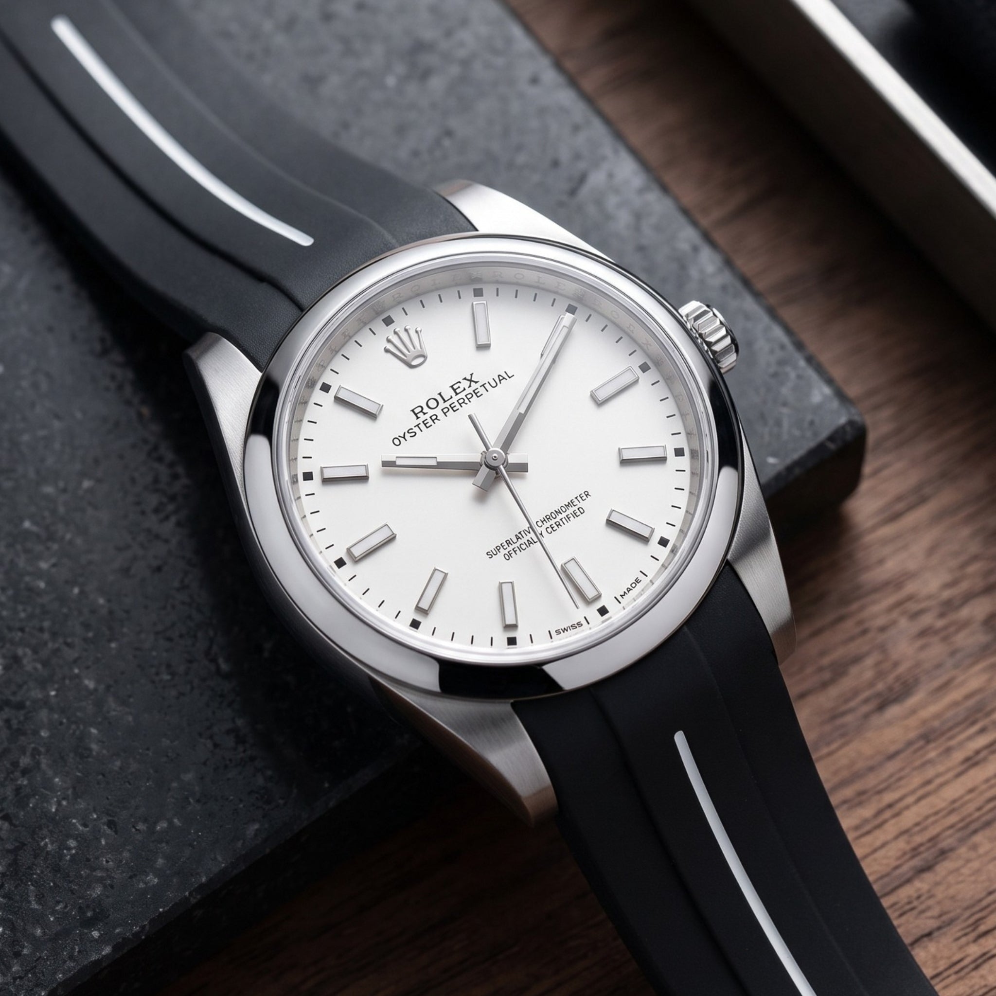 Deployant Rubber Strap - For Rolex Oyster Perpetual 39mm - Black w/White Line | LuxLine® - Helvetus
