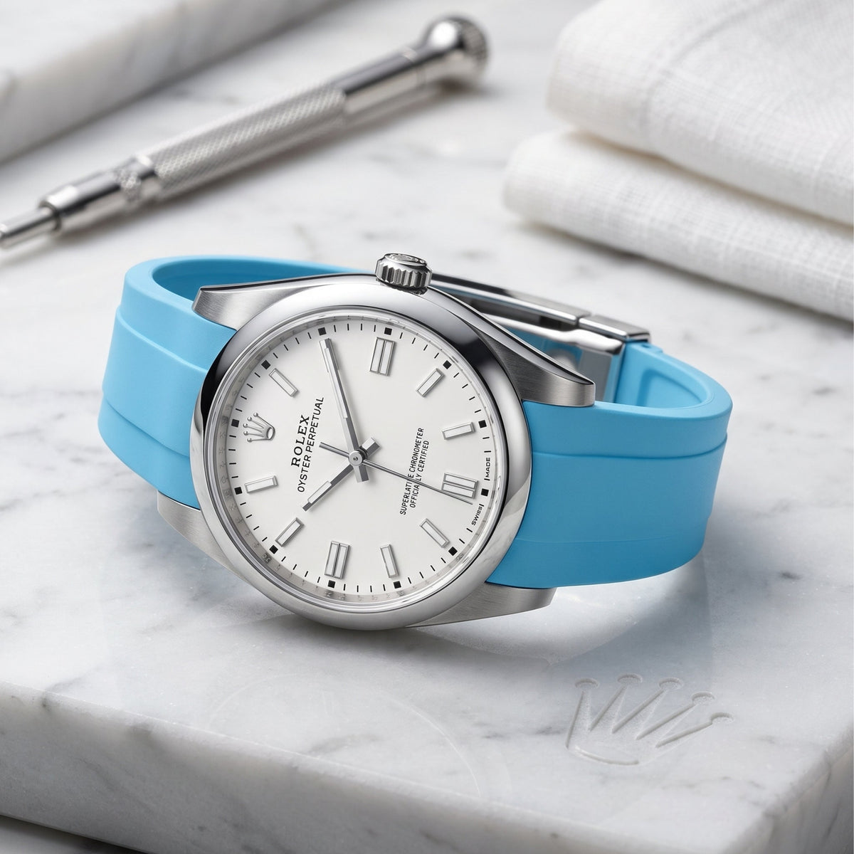 Deployant Rubber Strap - For Rolex Oyster Perpetual 39mm - Light Blue - Helvetus