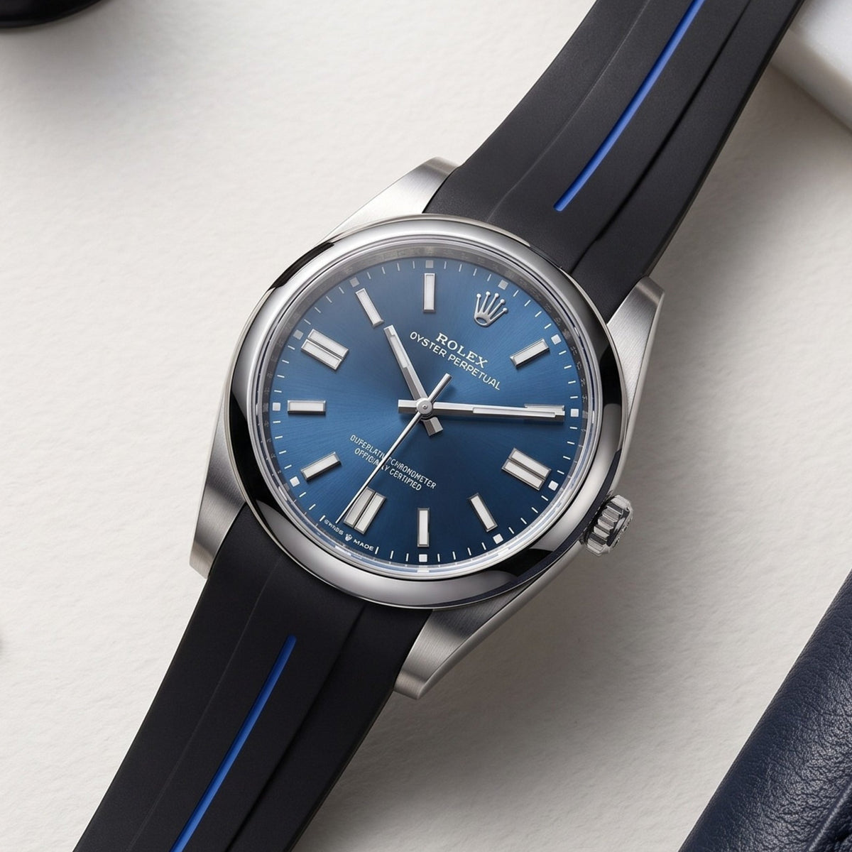 Deployant Rubber Strap - For Rolex Oyster Perpetual 41mm - Black w/Blue Line | LuxLine® - Helvetus