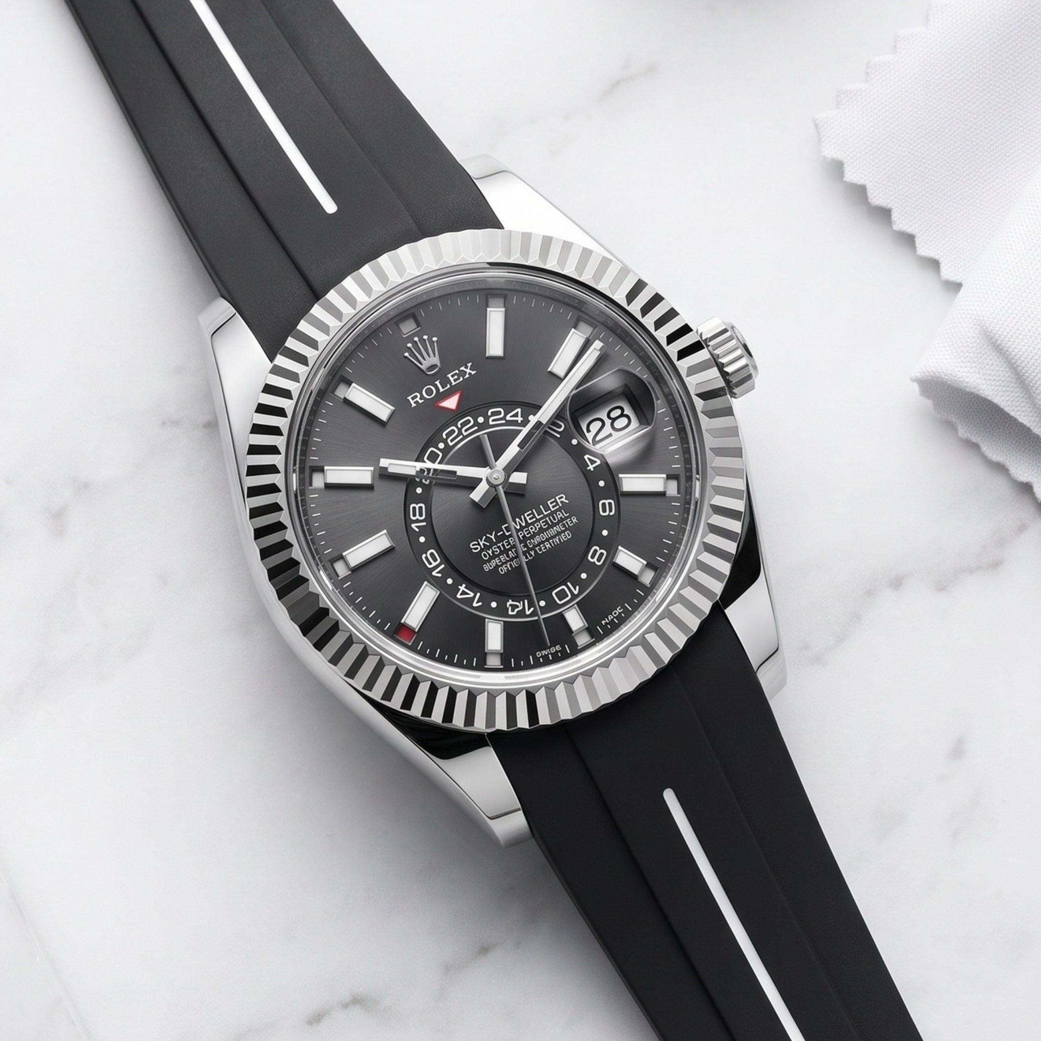 Deployant Rubber Strap - For Rolex Sky-Dweller - Black w/White Line | LuxLine® - Helvetus