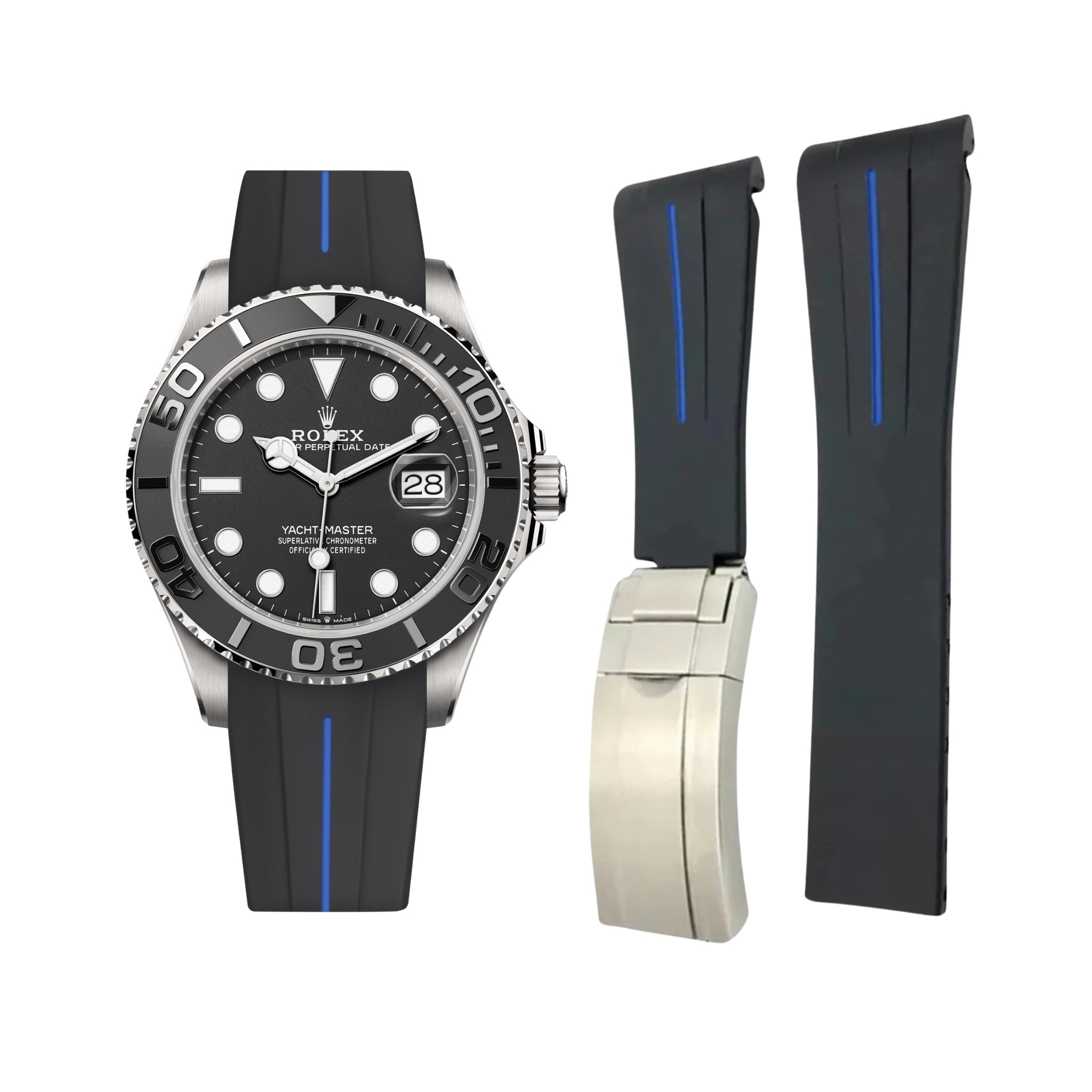Deployant Rubber Strap - For Rolex Yacht - Master 40mm/42mm - Black w/Blue Line | LuxLine® - Helvetus
