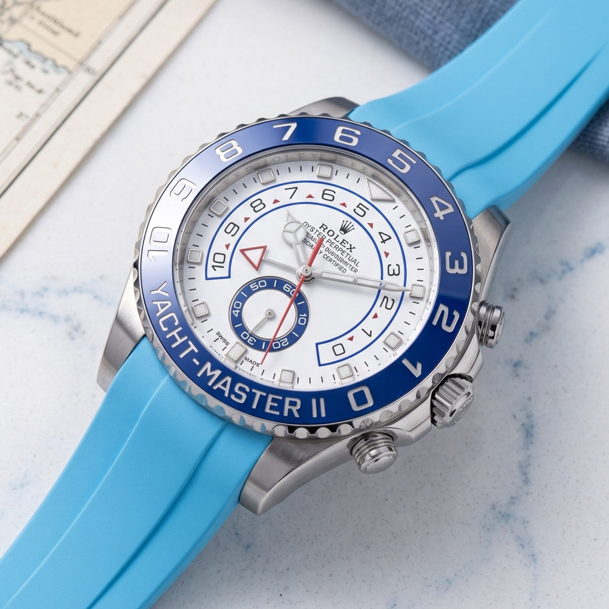 Deployant Rubber Strap - For Rolex Yacht-Master II 44mm - Light Blue - Helvetus