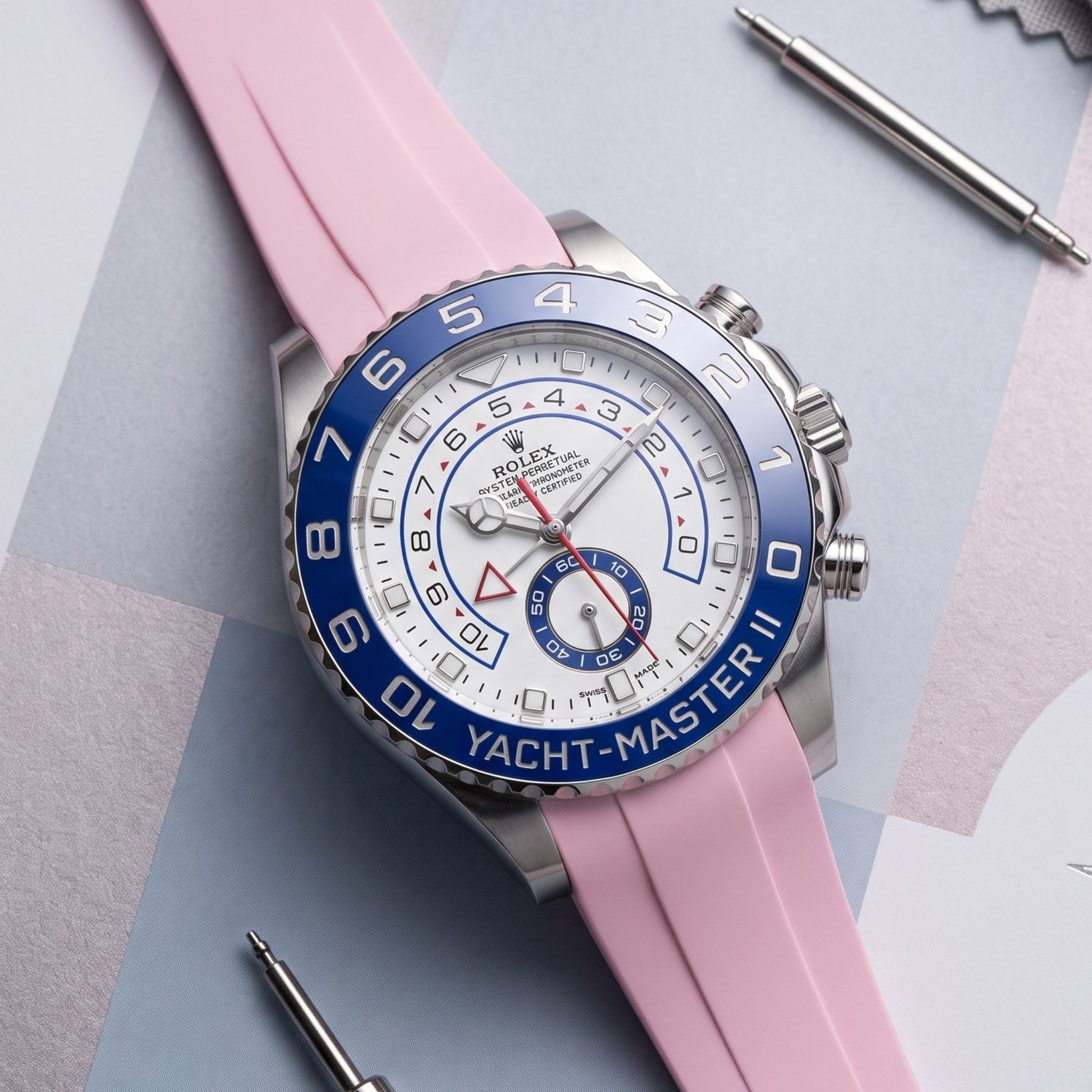 Deployant Rubber Strap - For Rolex Yacht-Master II 44mm - Pink - Helvetus