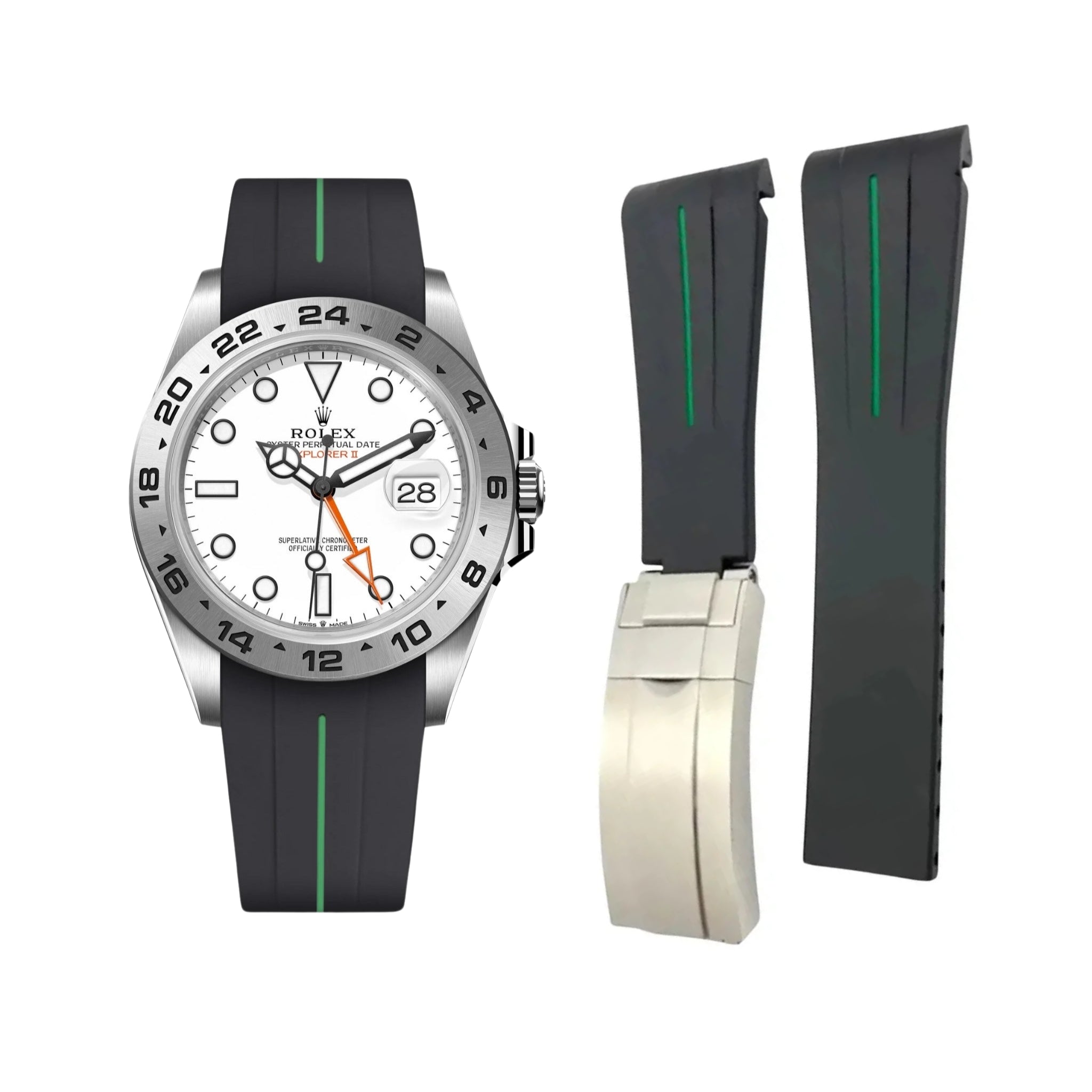 Deployant Strap - For Rolex Explorer II - Black w/Green Line | LuxLine® - Helvetus