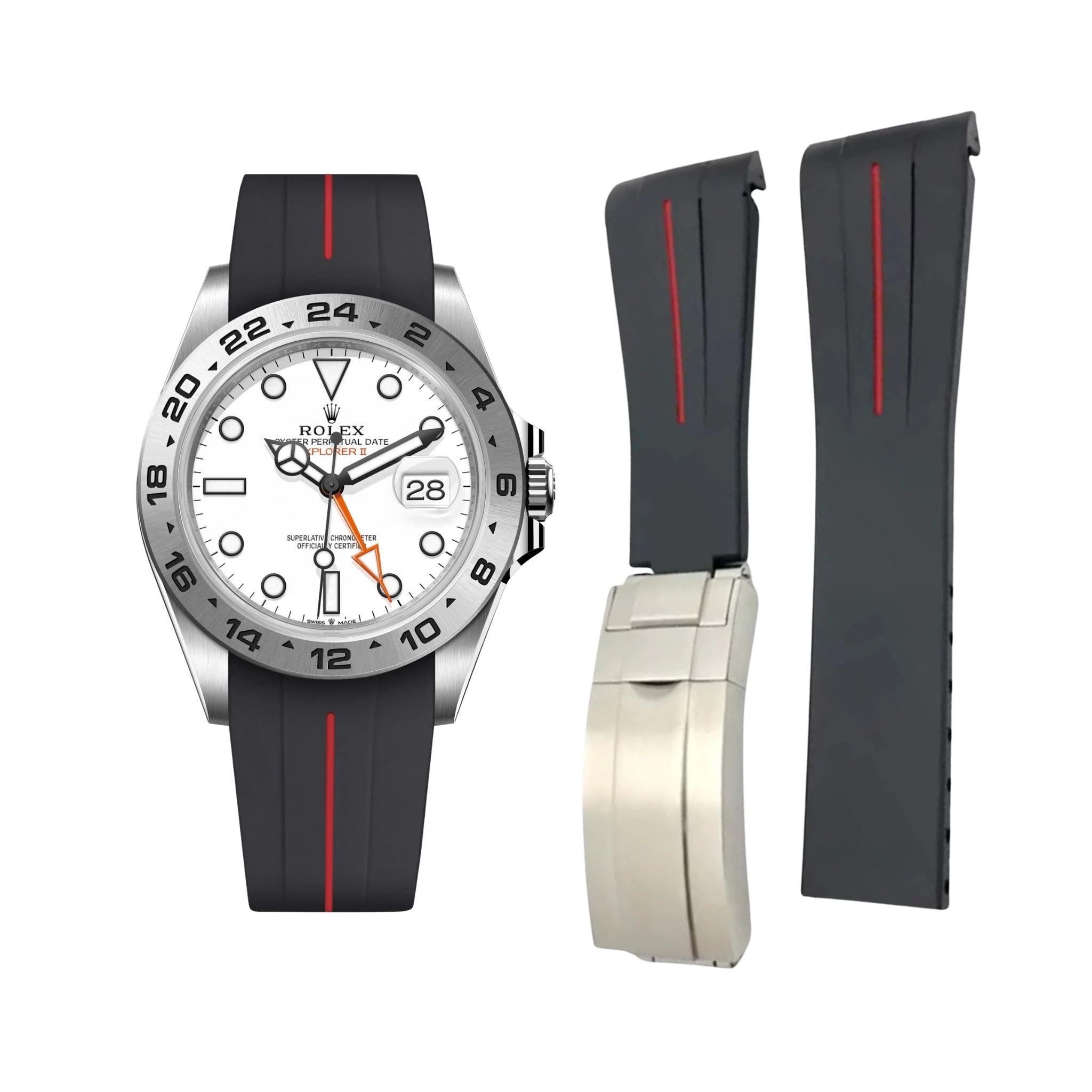 Deployant Strap - For Rolex Explorer II - Black w/Red Line | LuxLine® - Helvetus
