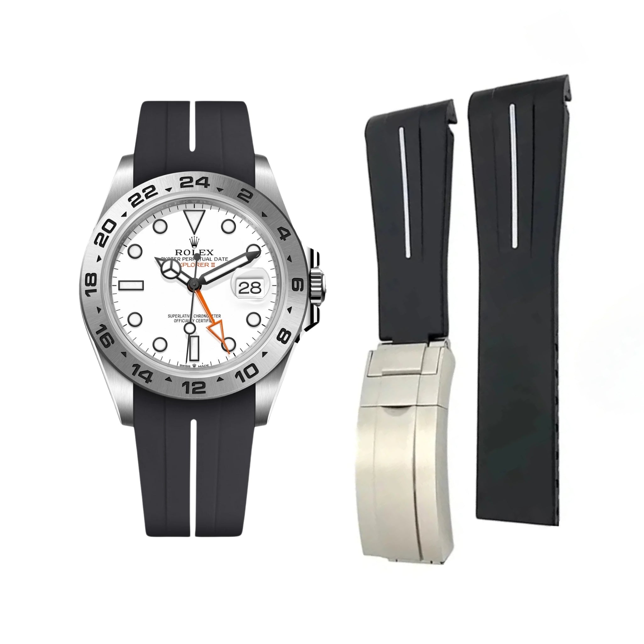 Deployant Strap - For Rolex Explorer II - Black w/White Line | LuxLine® - Helvetus