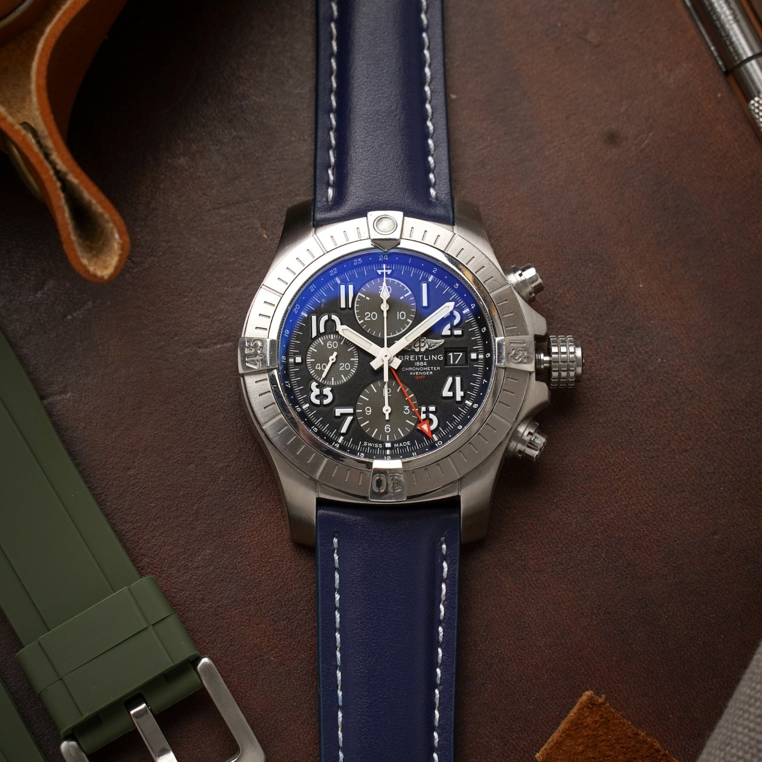 Leather Strap - For Breitling Watches - Flat Dark Blue - Helvetus