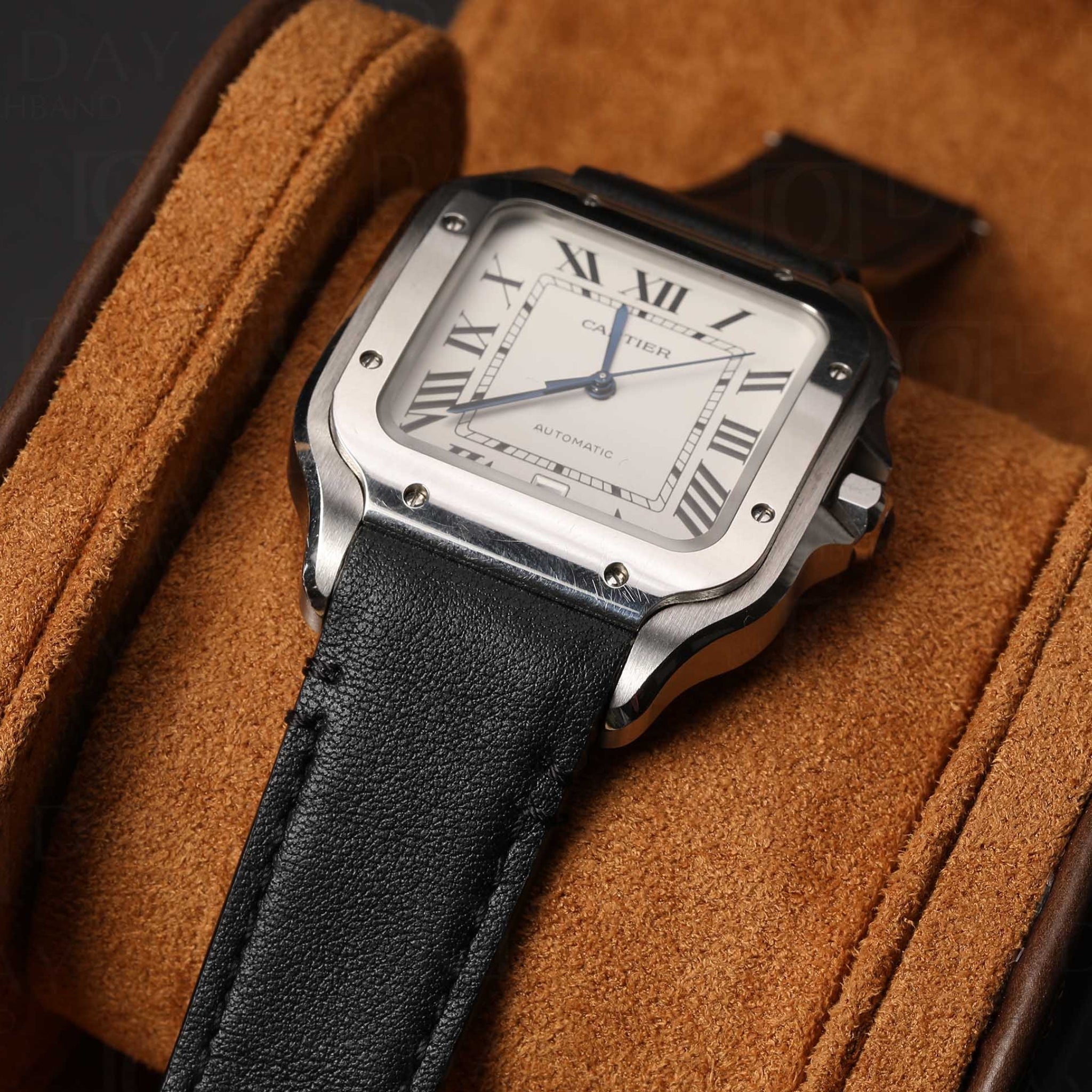 Leather Strap - For Cartier Santos Medium/Large - Flat Black - Quick Switch/Release - Helvetus