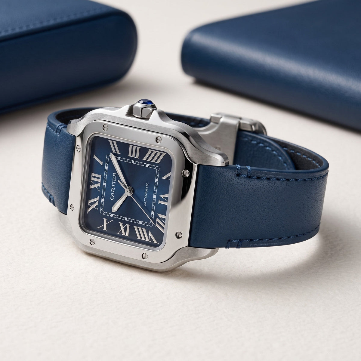 Leather Strap - For Cartier Santos Medium/Large - Flat Blue - Quick Release/Switch - Helvetus