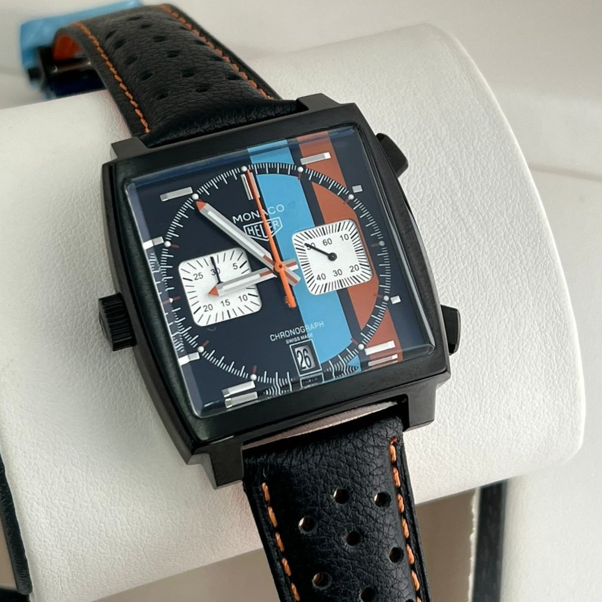 Leather Strap - For Tag Heuer Monaco - Black/Orange - Helvetus