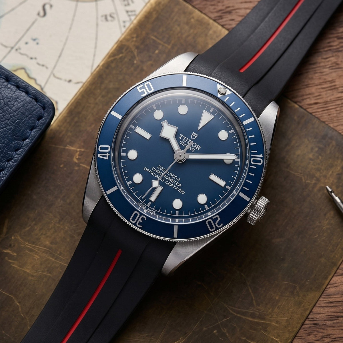 Rubber Strap - For all Tudor Black Bay Models - Black w/Red Line | LuxLine® - Helvetus