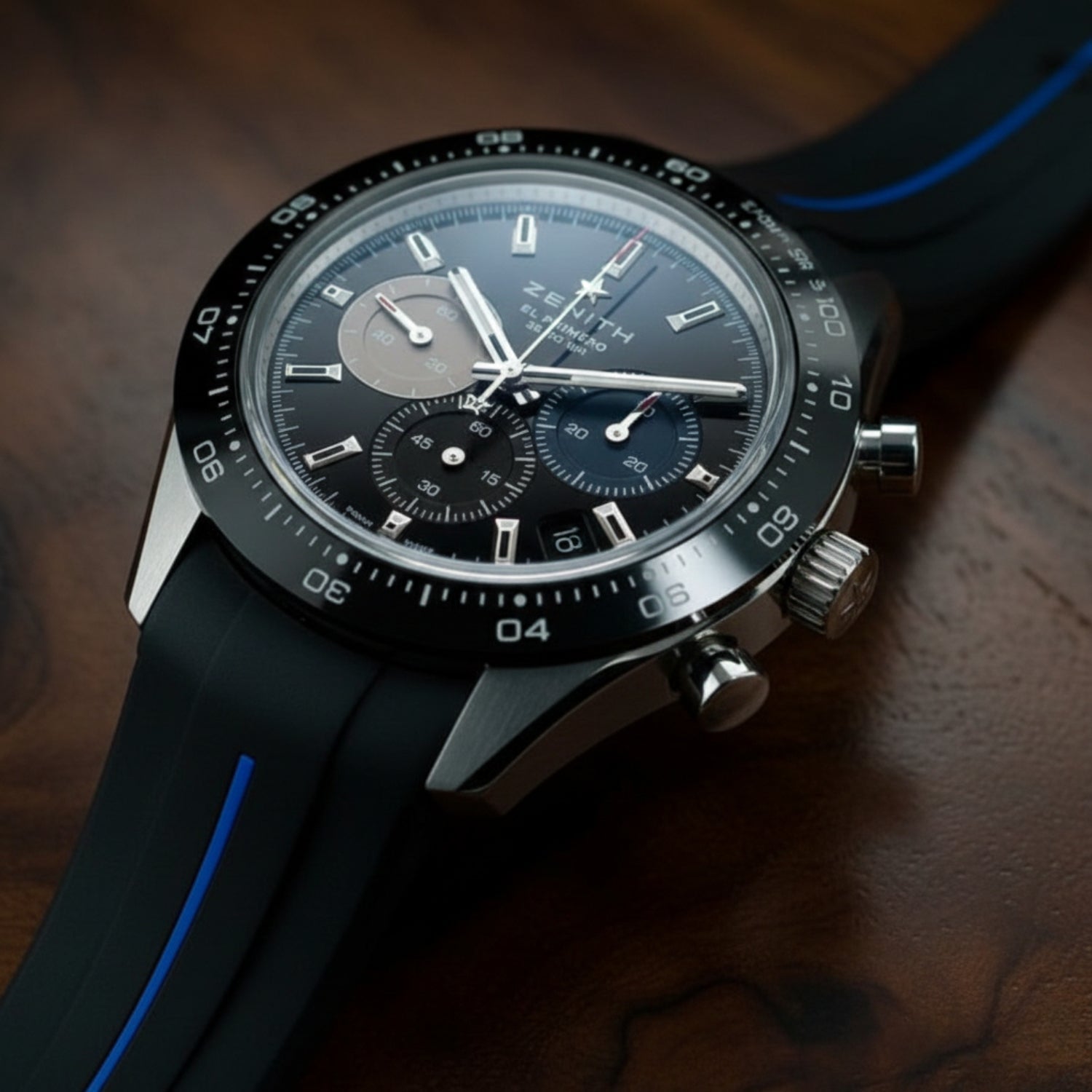 Rubber Strap - For all Zenith Chronomaster Models - Black w/Blue Line | LuxLine® - Helvetus