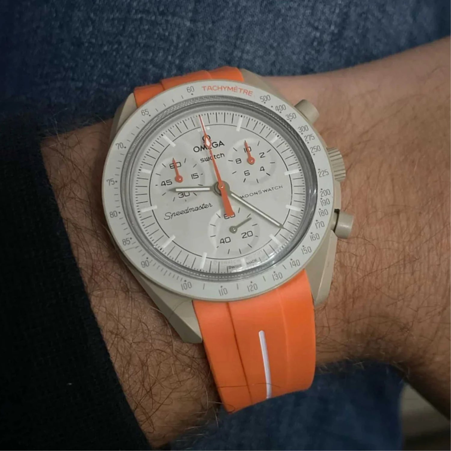 Rubber Strap - For Mission to Jupiter | Omega X Swatch | MoonSwatch - Orange w/White Line - Helvetus