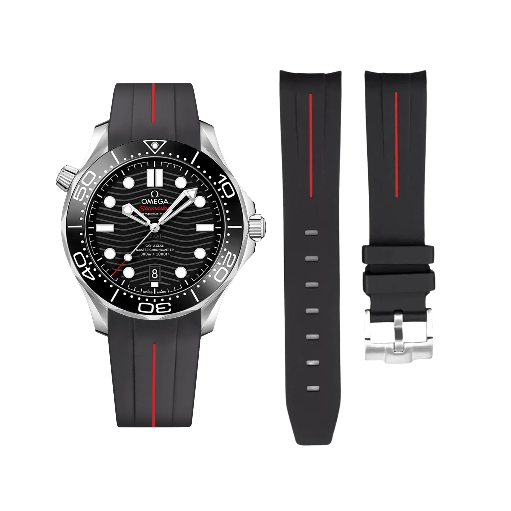 Rubber Strap - For Omega Seamaster 300 - Black/Rot | LuxLine® - Helvetus
