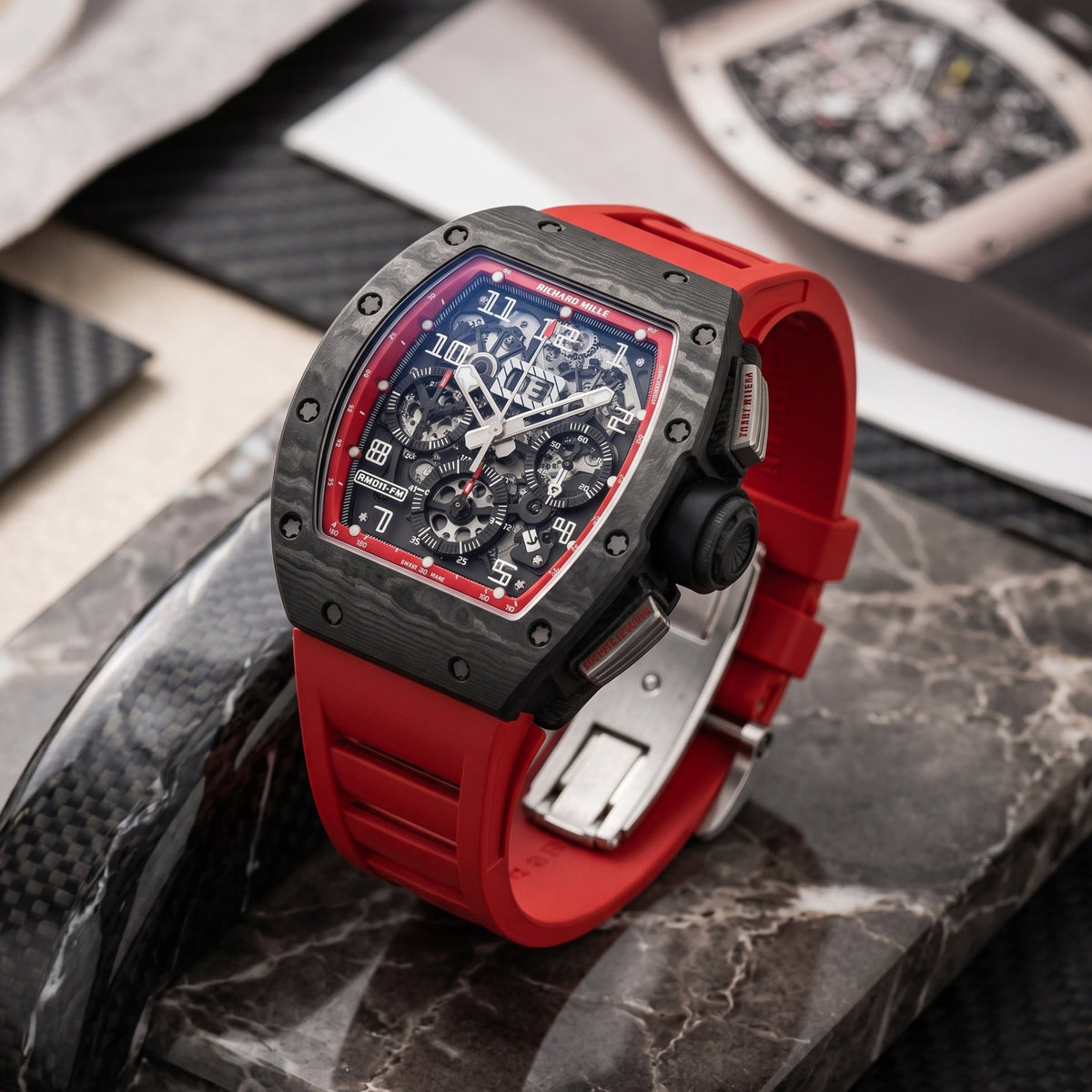 Rubber Strap - For Richard Mille RM011 | RM11-01 | RM11-02 | RM11-03 | RM11-04 | RM11-05 | RM47 | RM50 | RM52 | RM53-01 | RM57 | RM65 | RM69 - Red - Helvetus