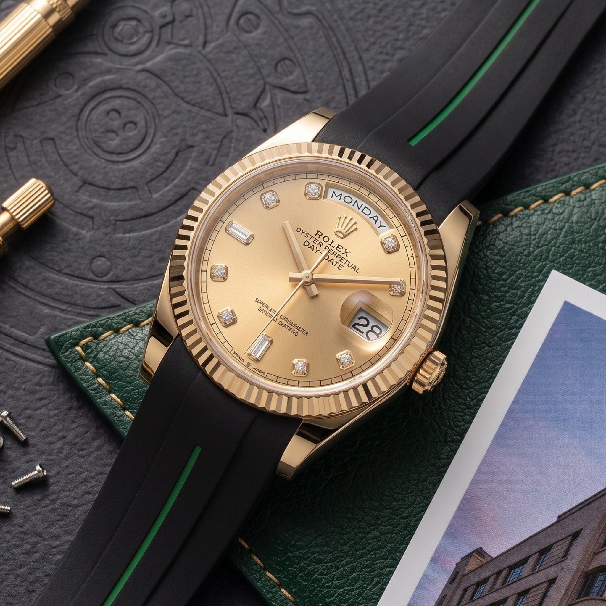 Rubber Strap - For Rolex Day-Date 36mm - Black w/Green Line | LuxLine® - Helvetus