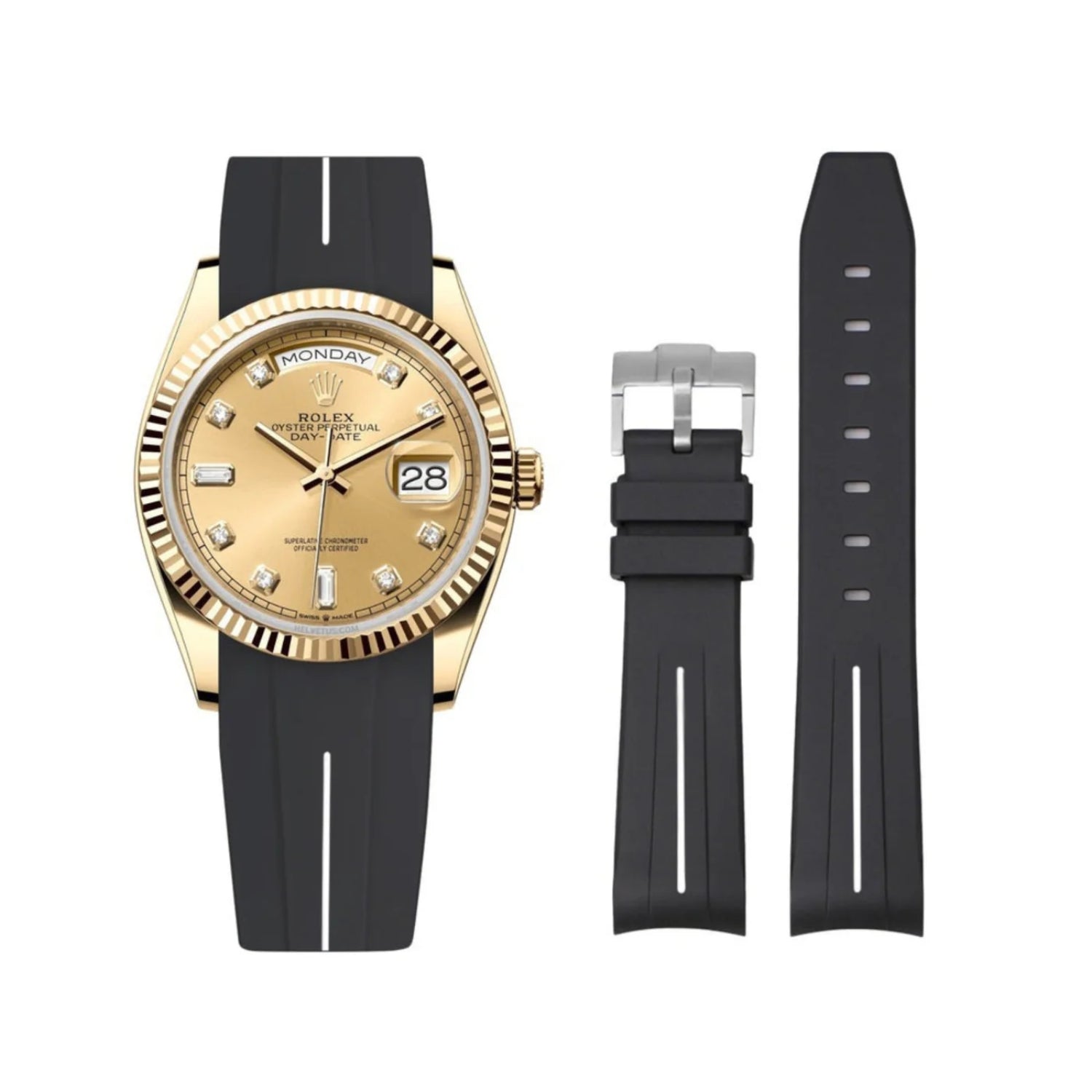 Rubber Strap - For Rolex Day - Date 40 - Black w/White Line | LuxLine® - Helvetus