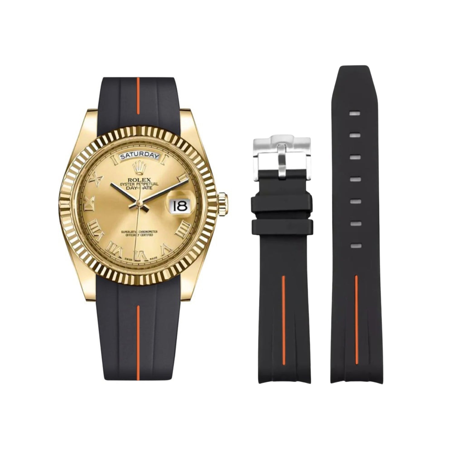 Rubber Strap - For Rolex Day - Date II 41mm - Black w/Orange Line | LuxLine® - Helvetus