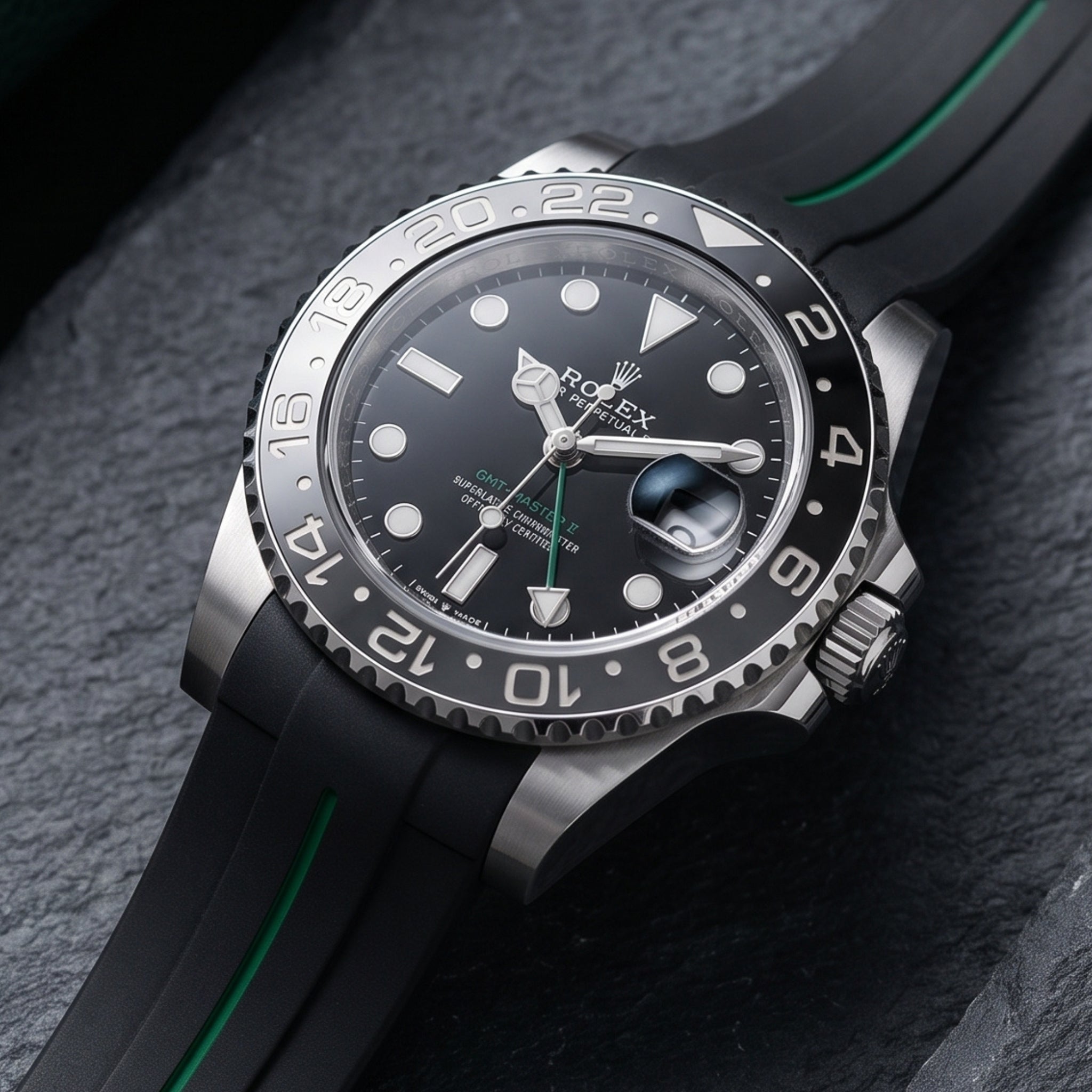 Rubber Strap - For Rolex GMT-Master II - Black w/Green Line | LuxLine® - Helvetus