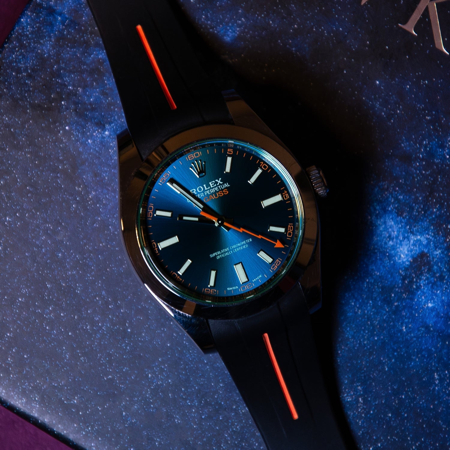 Rubber Strap - For Rolex Milgauss - Black w/Orange Line | LuxLine® - Helvetus