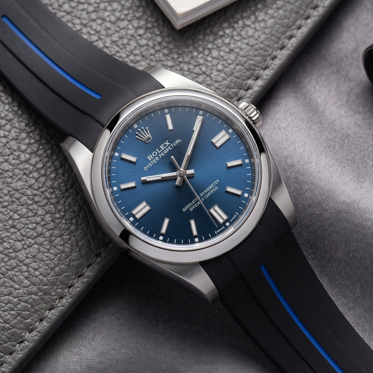 Rubber Strap - For Rolex Oyster Perpetual 36mm - Black w/Blue Line | LuxLine® - Helvetus
