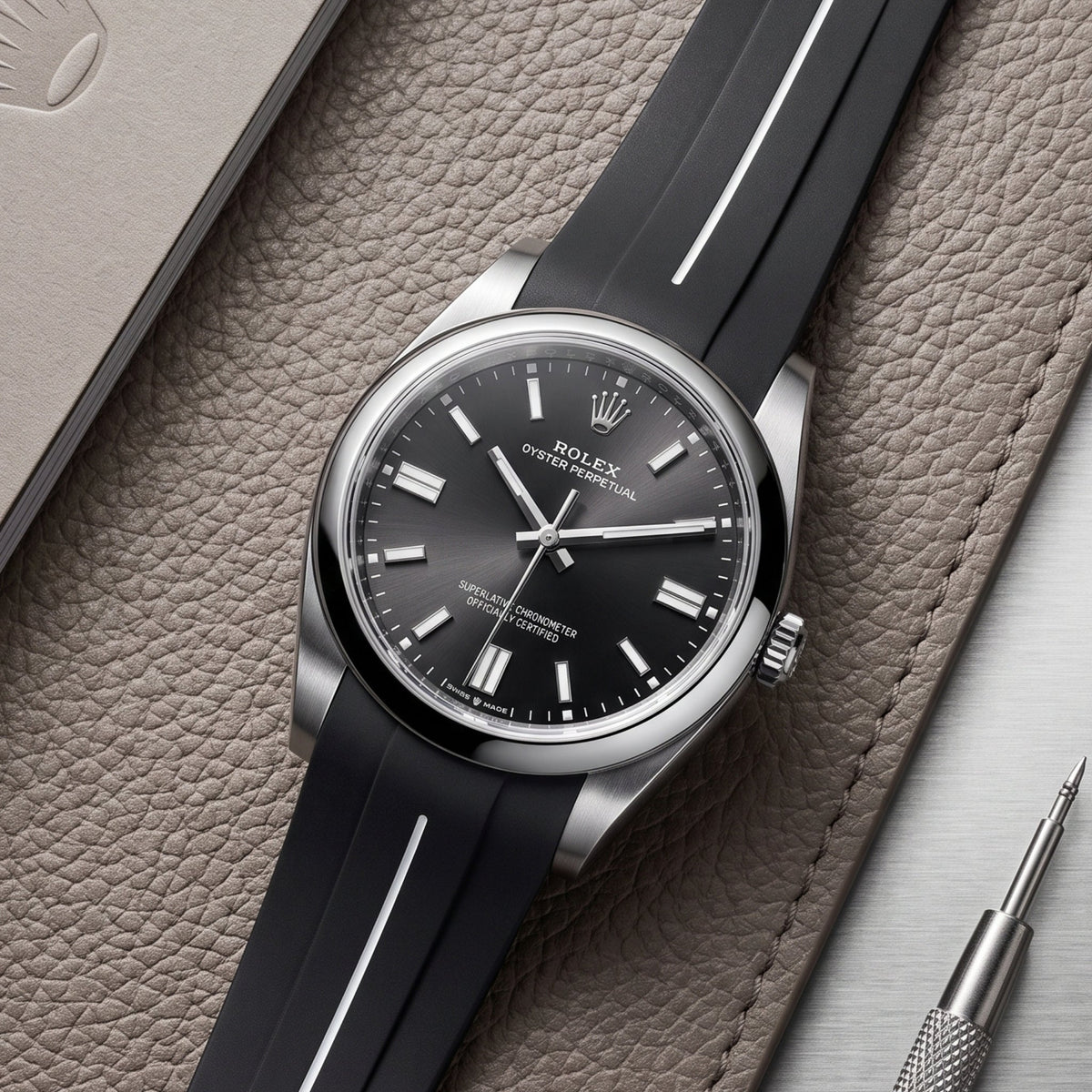 Rubber Strap - For Rolex Oyster Perpetual 36mm - Black w/White Line | LuxLine® - Helvetus