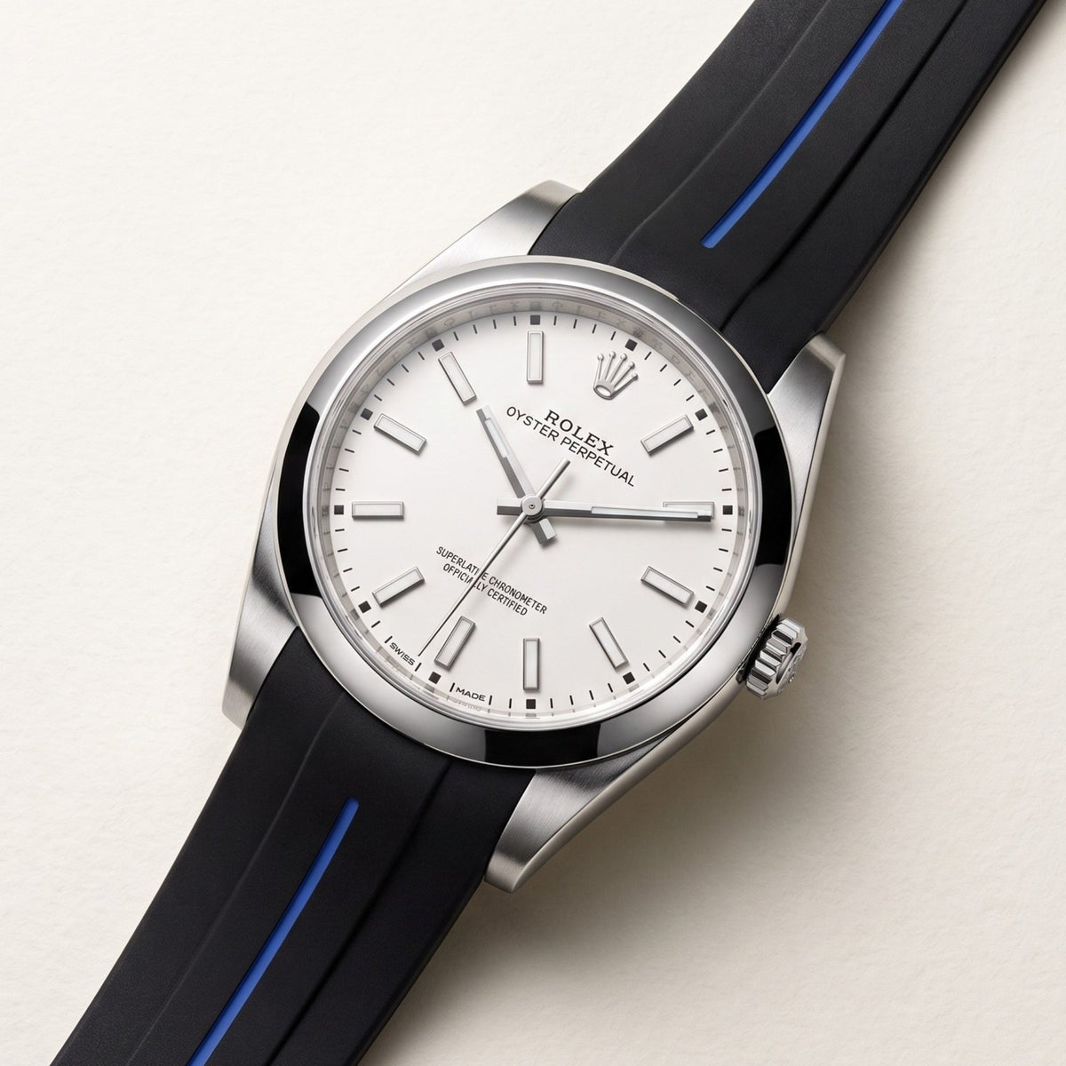 Rubber Strap - For Rolex Oyster Perpetual 39mm - Black w/Blue Line | LuxLine® - Helvetus