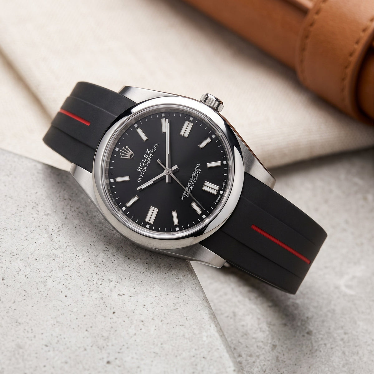 Rubber Strap - For Rolex Oyster Perpetual 41mm - Black w/Red Line | LuxLine® - Helvetus