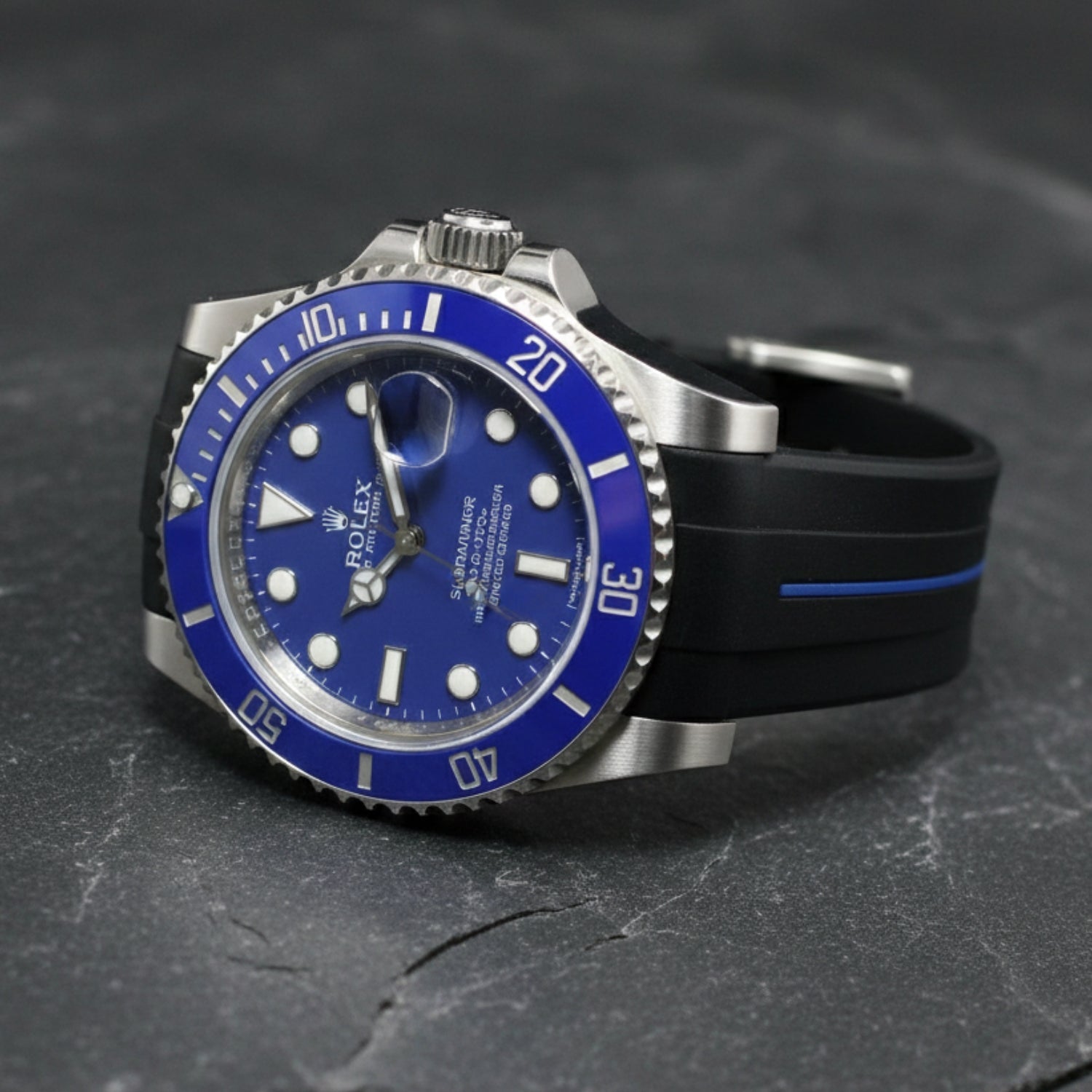 Rubber Strap - For Rolex Submariner - Black w/Blue Line | LuxLine® - Helvetus