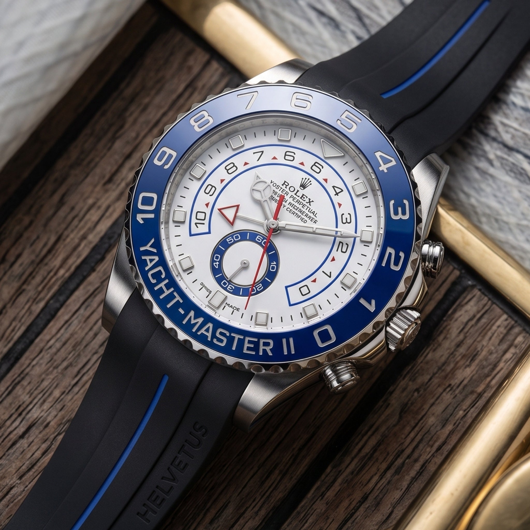 Rubber Strap - For Rolex Yacht-Master II 44mm - Black w/Blue Line | LuxLine® - Helvetus