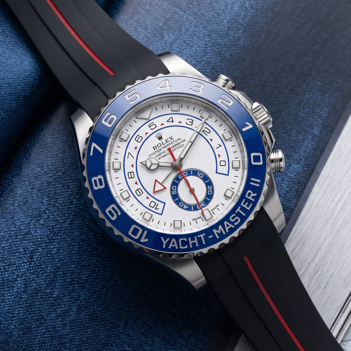 Rubber Strap - For Rolex Yacht-Master II 44mm - Black w/Red Line | LuxLine® - Helvetus