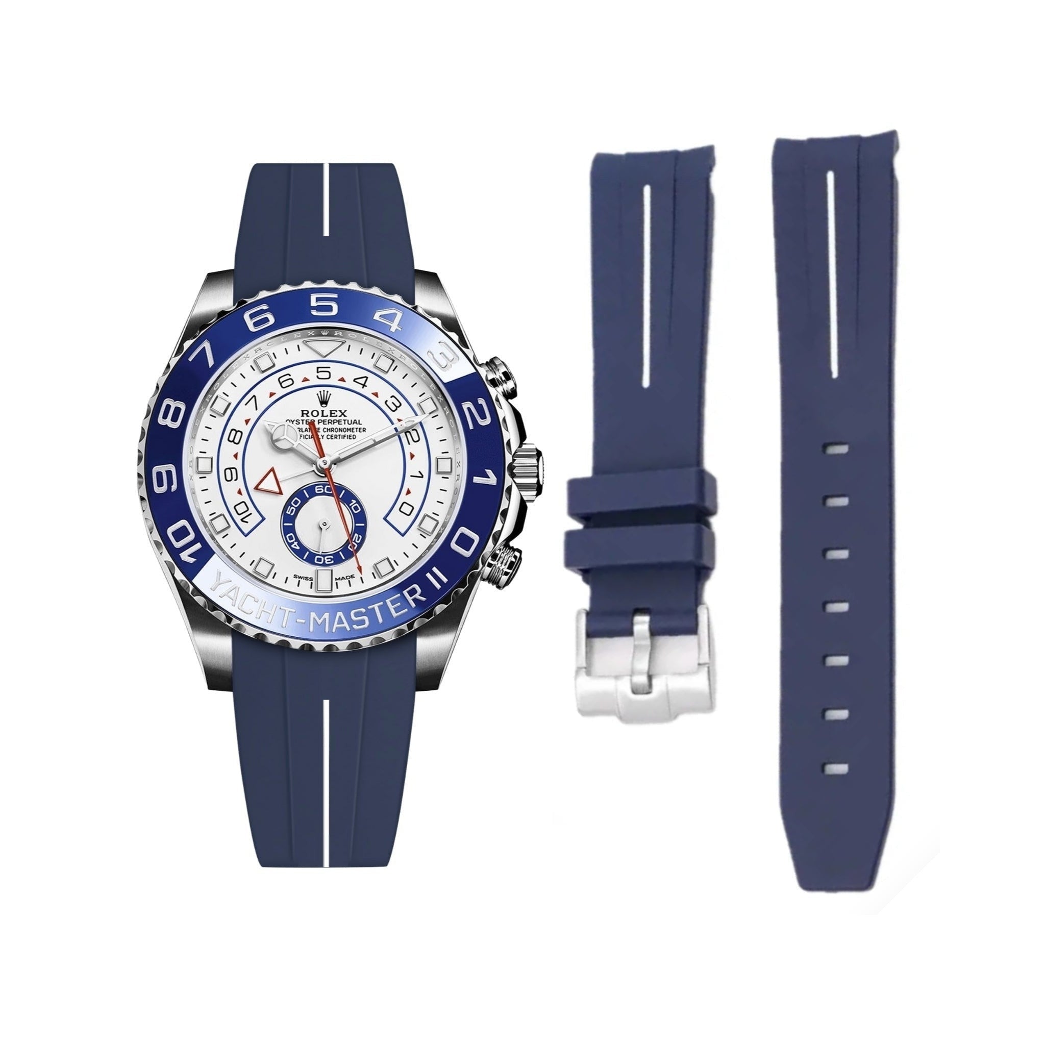 Rubber Strap - For Rolex Yacht-Master II 44mm - Navy Blue w/White Line | LuxLine® - Helvetus