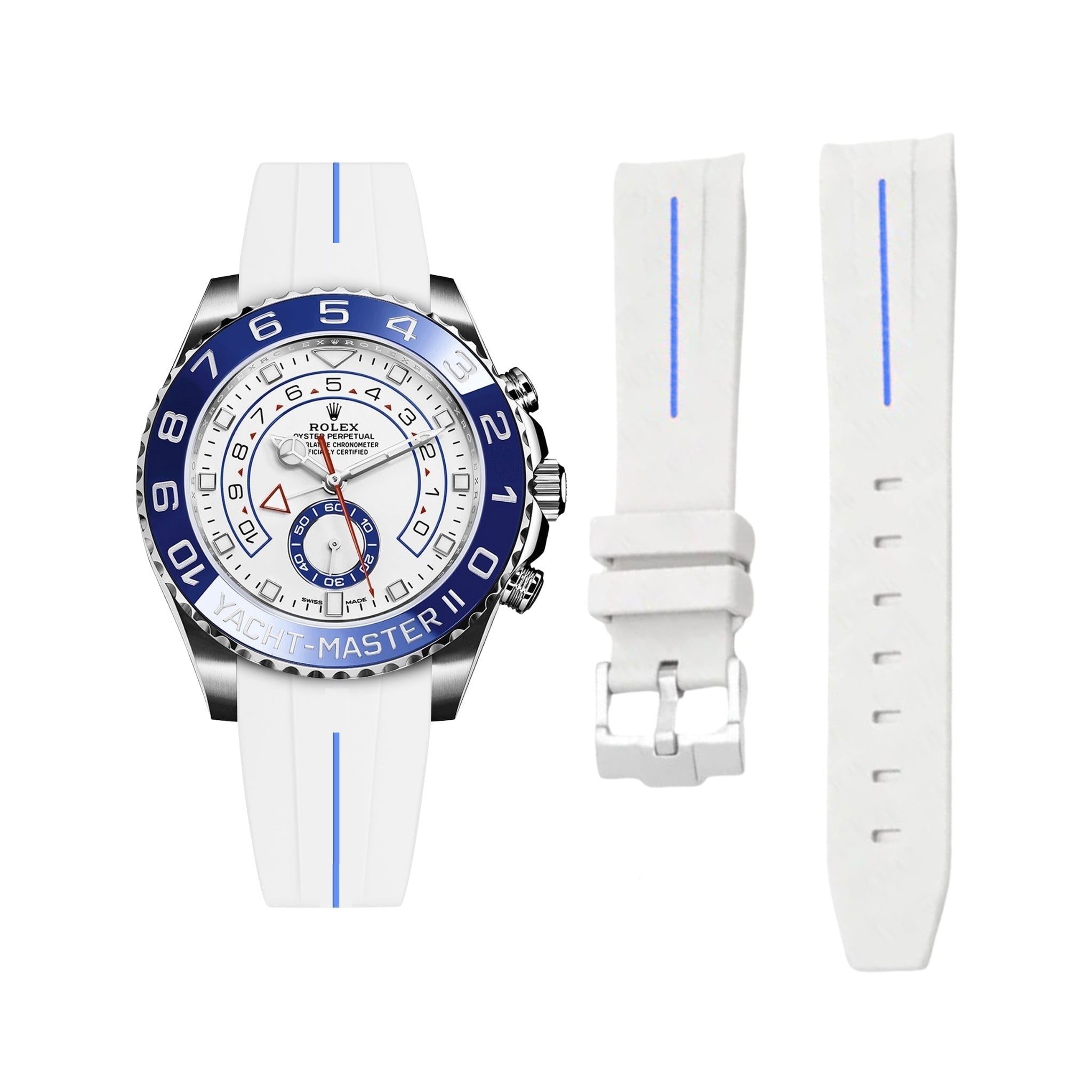 Rubber Strap - For Rolex Yacht-Master II 44mm - White w/Blue Line | LuxLine® - Helvetus