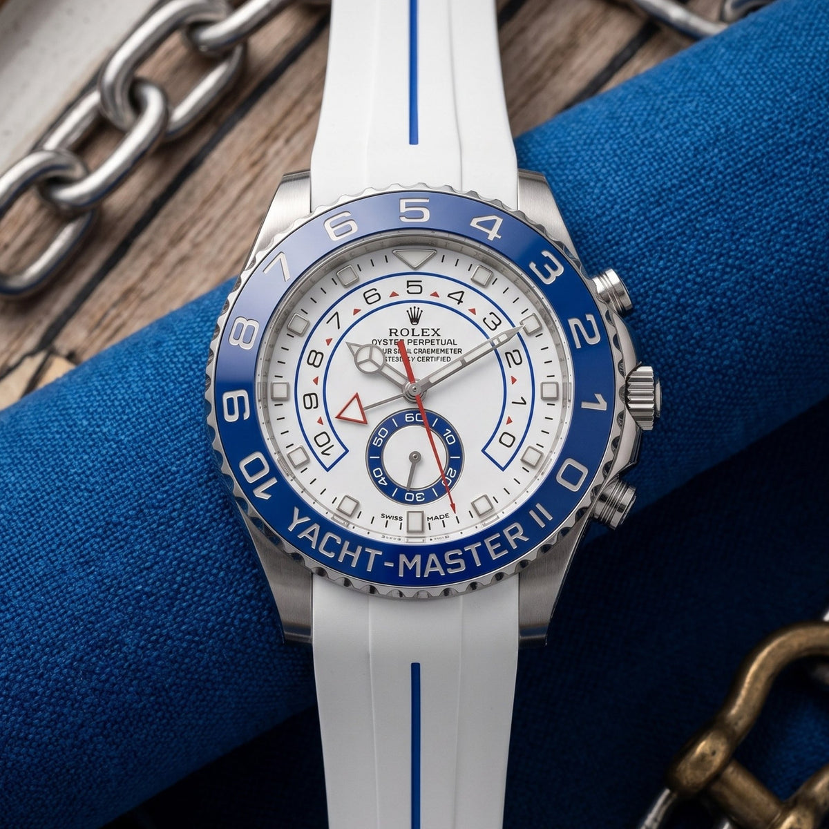 Rubber Strap - For Rolex Yacht-Master II 44mm - White w/Blue Line | LuxLine® - Helvetus