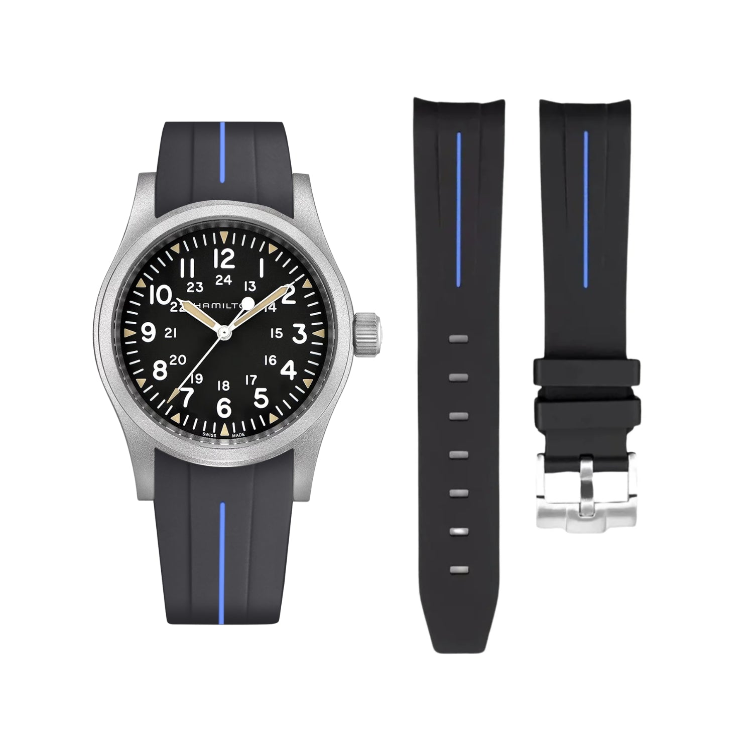 Rubber Strap – For Hamilton Khaki Field - Black with Blue LuxLine®