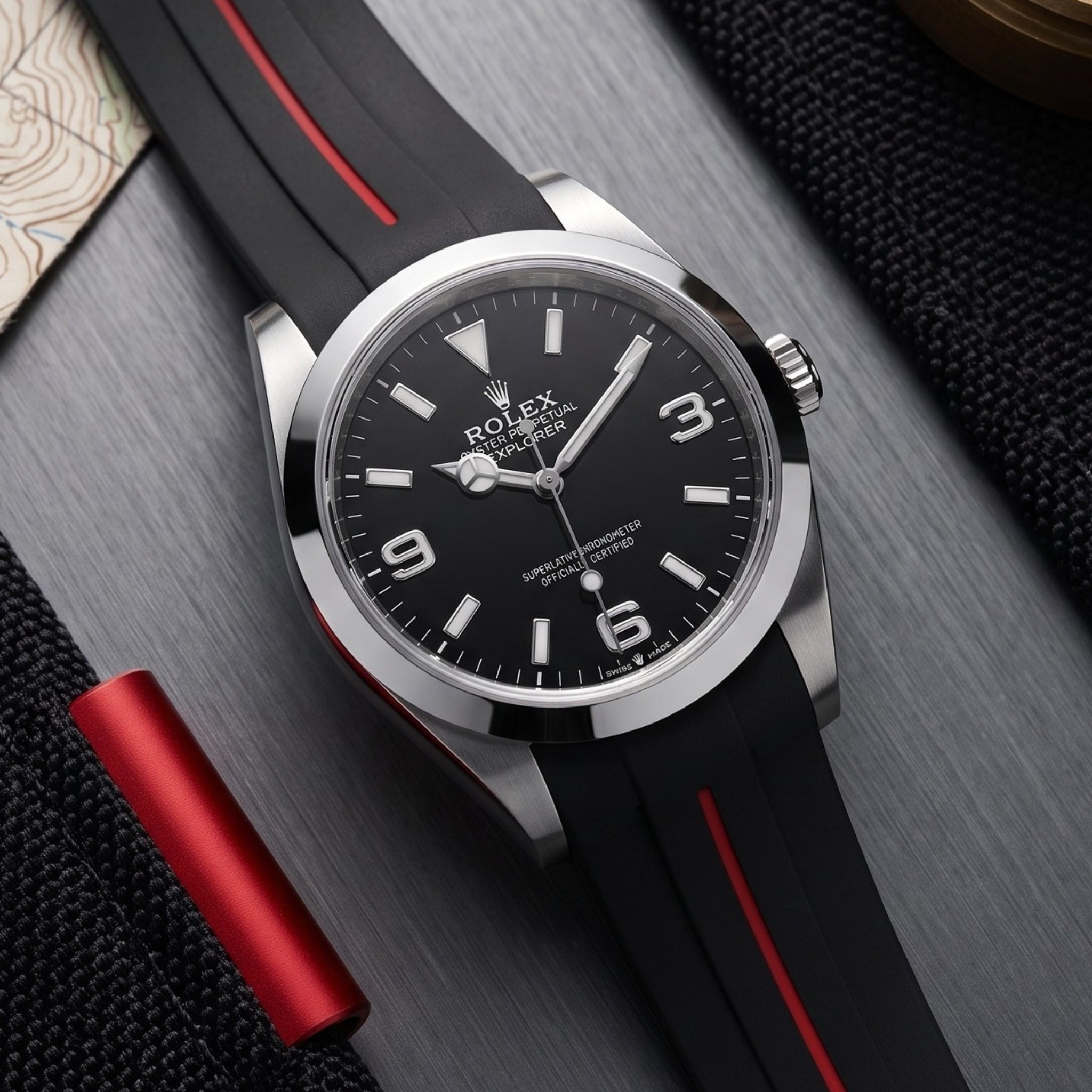 Rubber Strap - For Rolex Explorer I - Black w/Red Line | LuxLine®