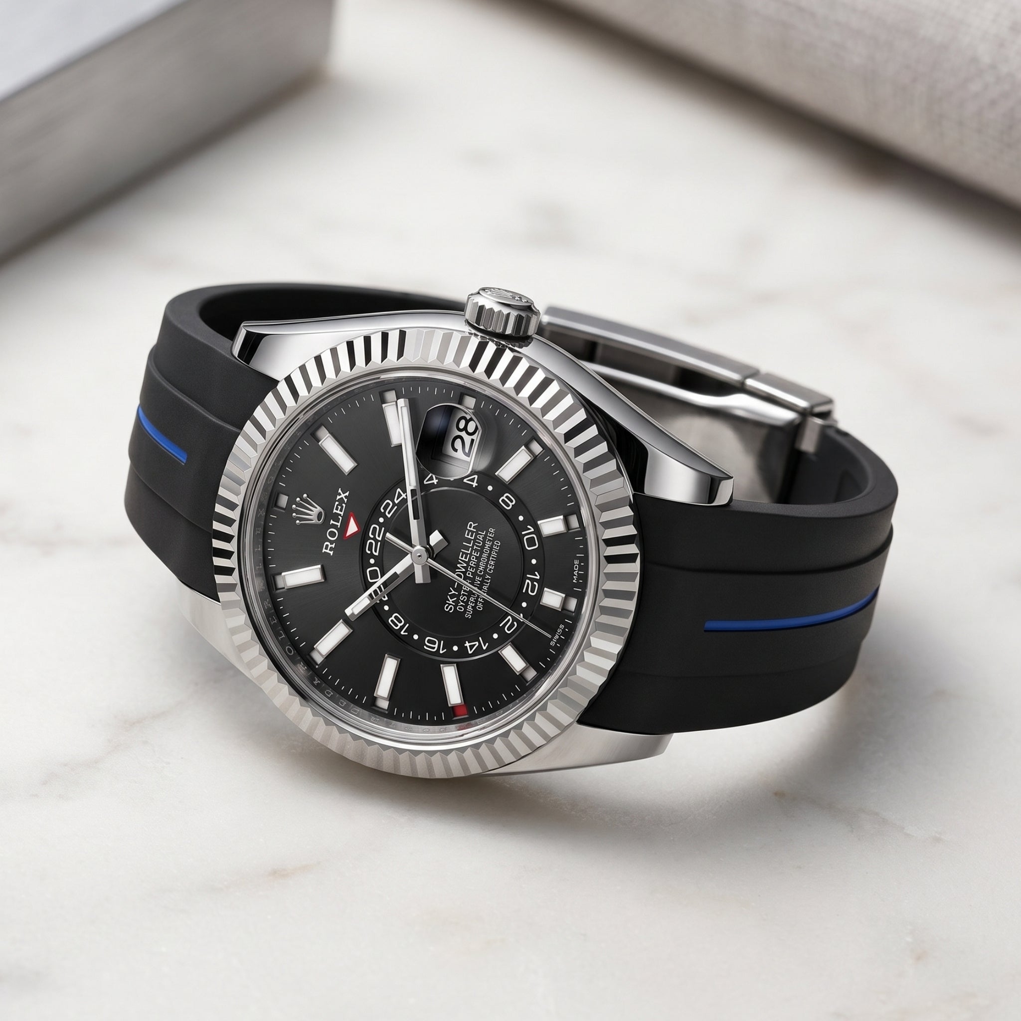 Deployant Rubber Strap - For Rolex Sky-Dweller - Black w/Blue Line | LuxLine®